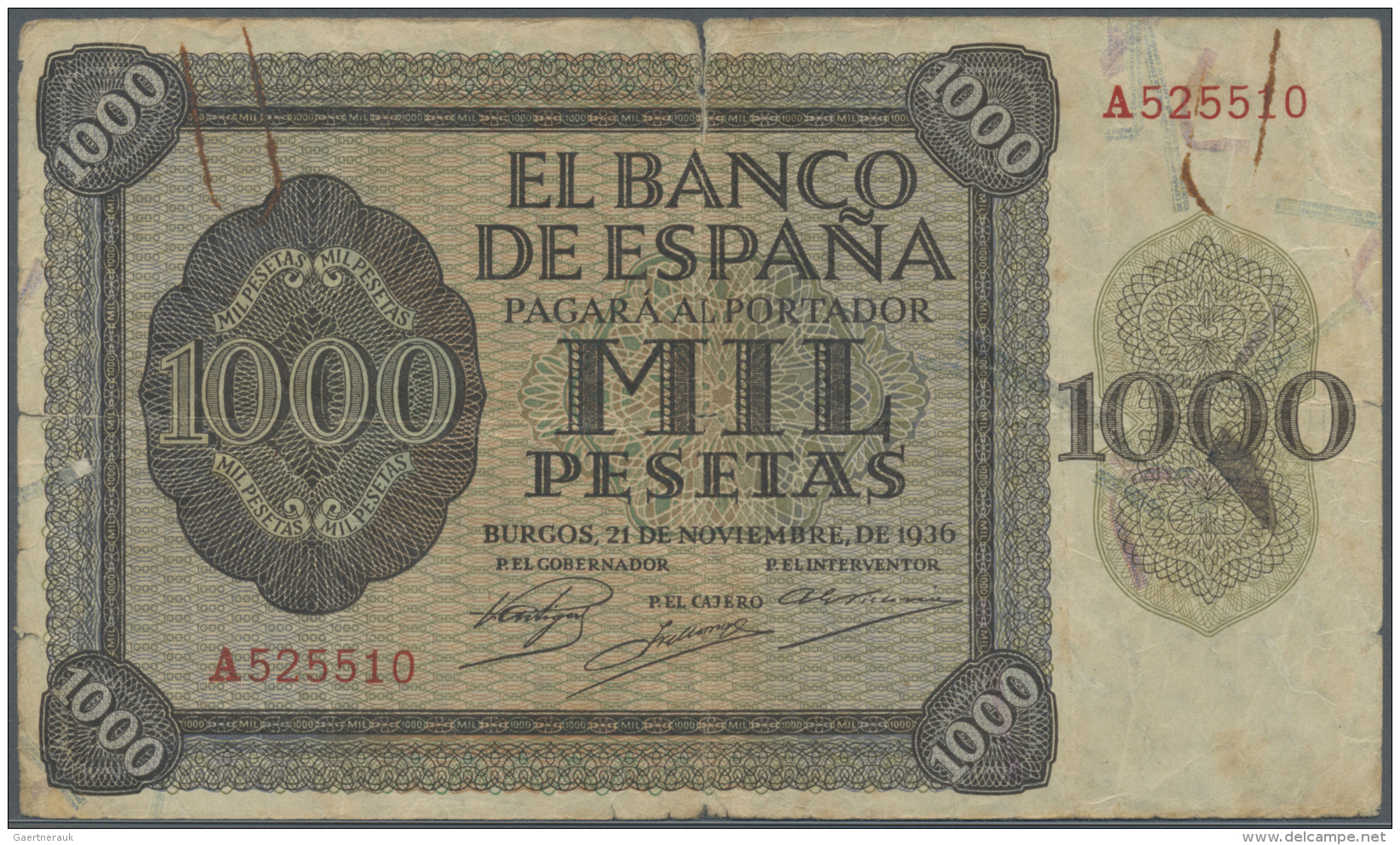 Spain / Spanien: 1000 Pesetas 1936, Burgos, P.103, Seldom Offered Note In Well Worn Condition With A Number Of Larger Te - Autres & Non Classés