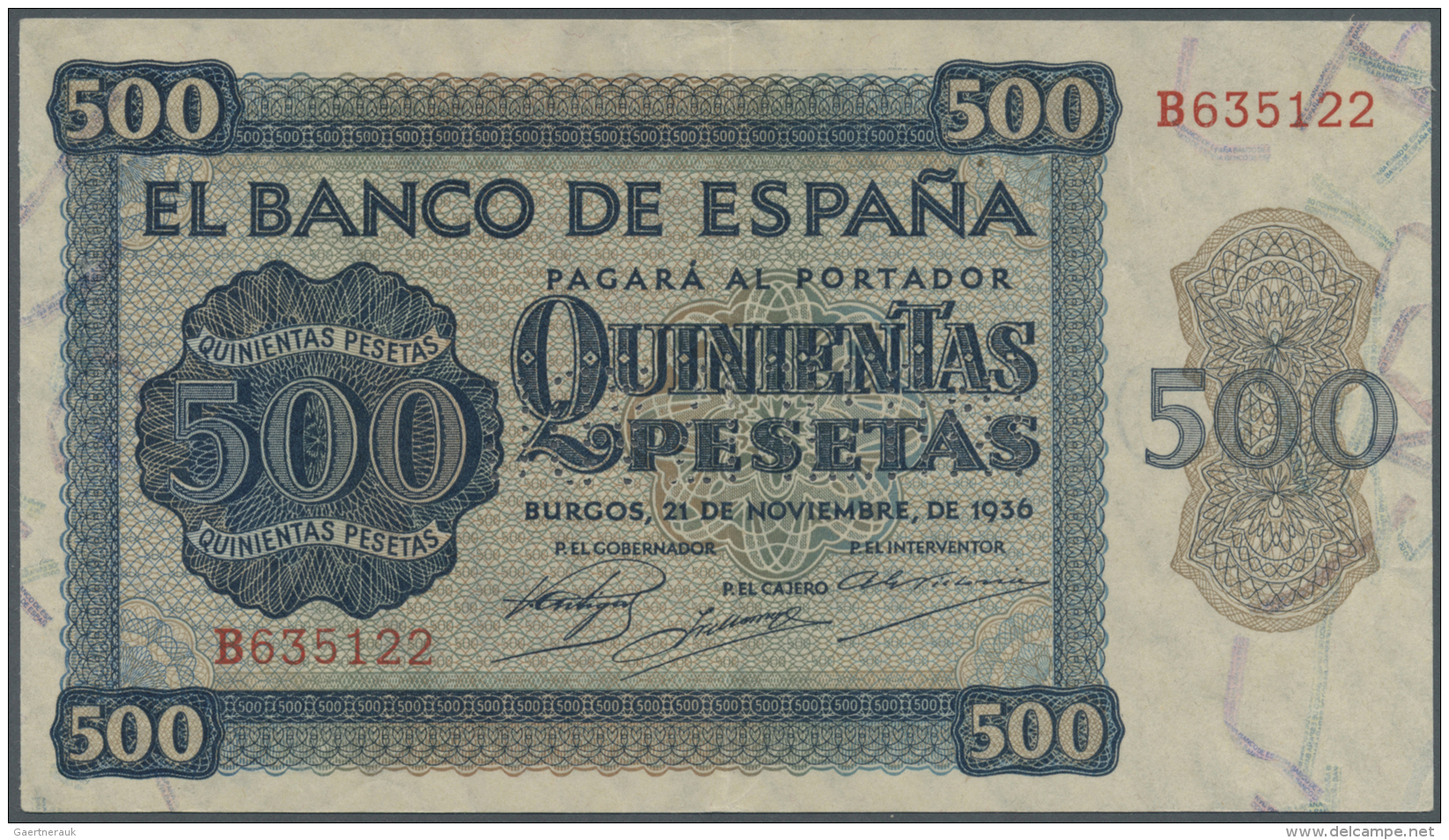 Spain / Spanien: 500 Pesetas 1936 With Cancellation Perforation P. 102s, Regular Serial Number, Vertical Fold, Light Han - Altri & Non Classificati