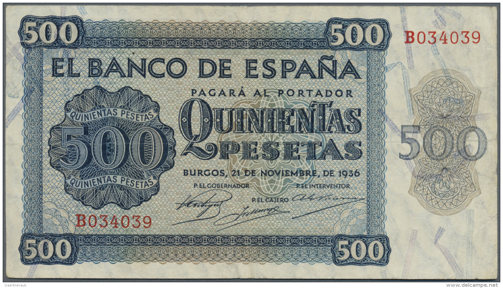 Spain / Spanien: 500 Pesetas 1936 P. 102a, One Vertical And Horizontal Fold, No Holes Or Tears, Corner Rounding, Stong C - Autres & Non Classés