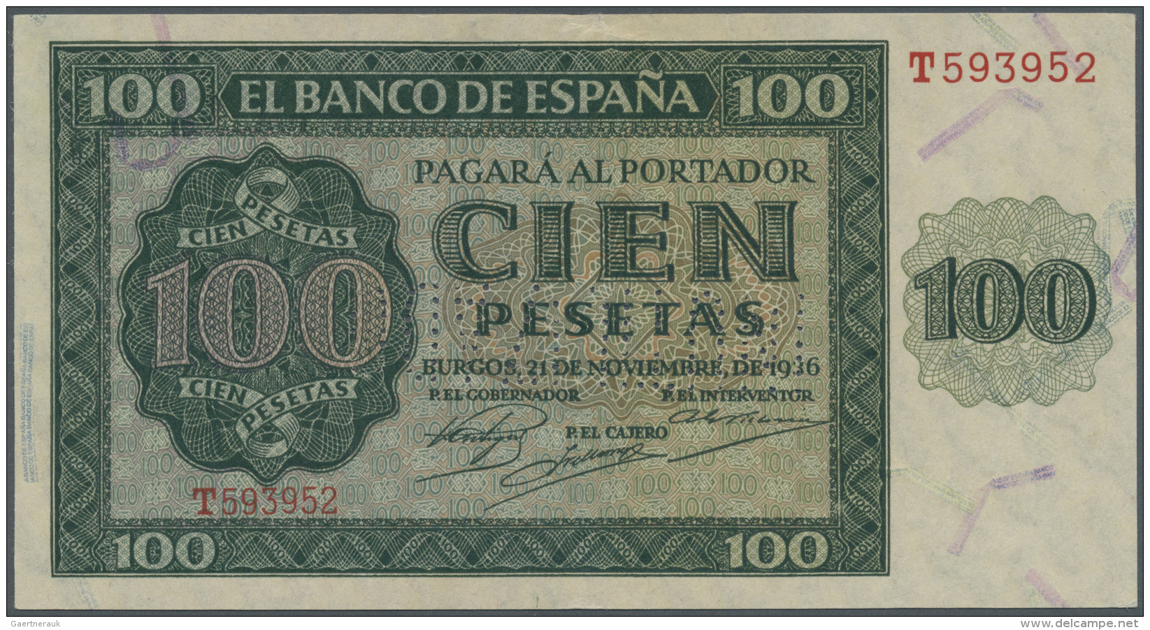 Spain / Spanien: 100 Pesetas 1936 With Cancellation "inutilizado", Regular Serial Number, P. 101s, In Condition: UNC. - Autres & Non Classés