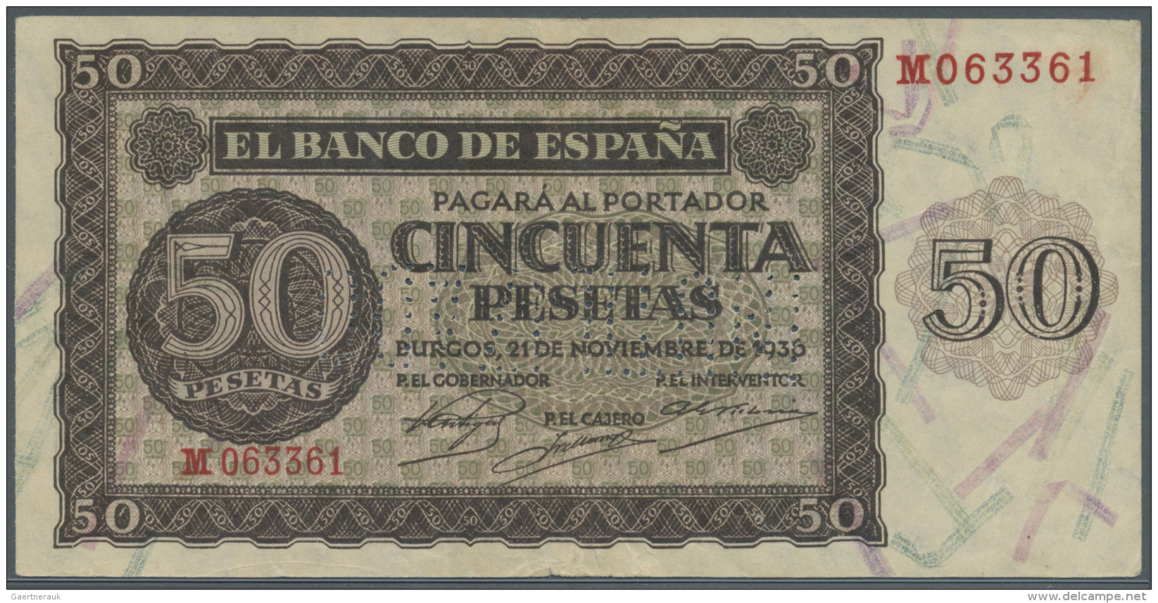 Spain / Spanien: 50 Pesetas 1936 With Cancellation "inutilizado", Regular Serial Number, P. 100s, Folds In Paper, In Con - Autres & Non Classés
