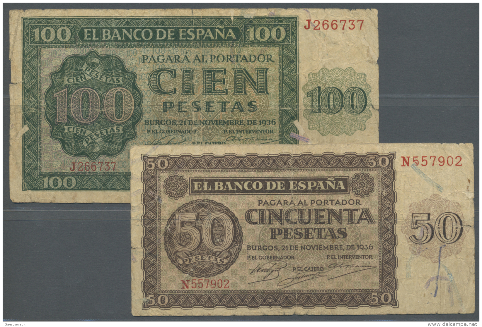 Spain / Spanien: Set Of 2 Notes Containing 50 Pesetas 1936 P. 100a (F-) And 100 Pesetas 1936 P. 101a (VG+). (2 Pcs) - Altri & Non Classificati