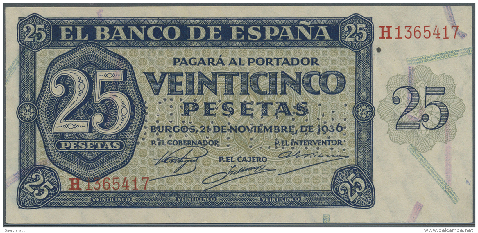 Spain / Spanien: 25 Pesetas 1936 With Cancellation "inutilizado", Regular Serial Number, P. 99s, One Light Vertical Fold - Autres & Non Classés