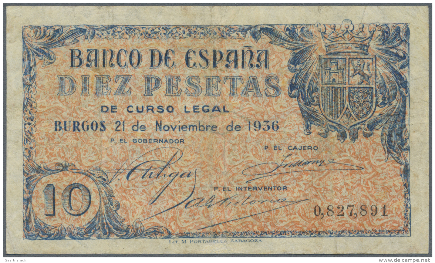 Spain / Spanien: 10 Pesetas 1936 P. 98a, Vertical And Horizontal Folds, Small Restoration At Upper And Lower Border Cent - Altri & Non Classificati