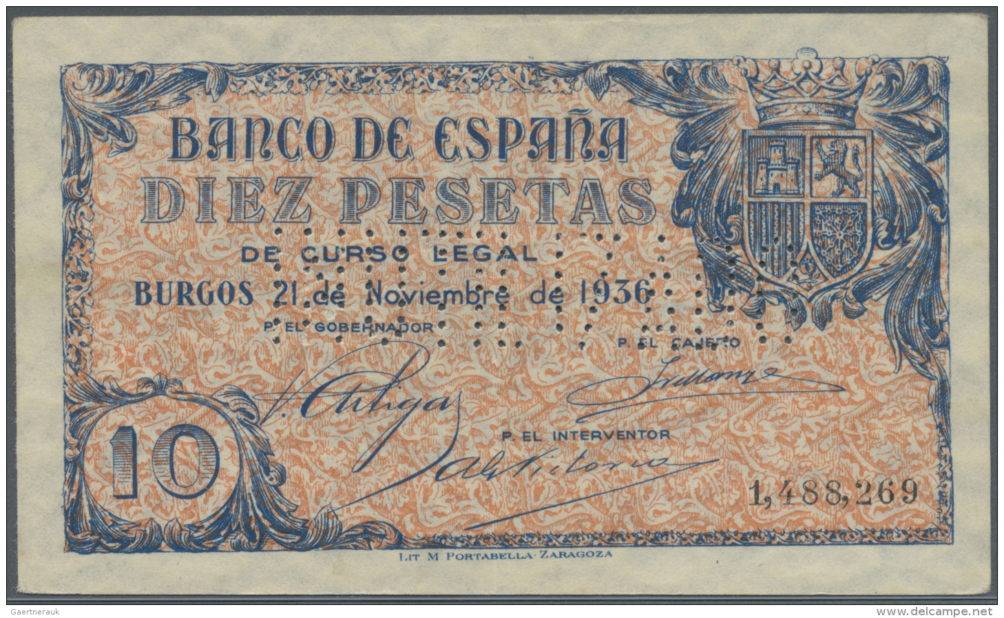 Spain / Spanien: 10 Pesetas 1936 With Cancellation "inutilizado", Regular Serial Number, P. 98s, Light Center Fold And T - Autres & Non Classés