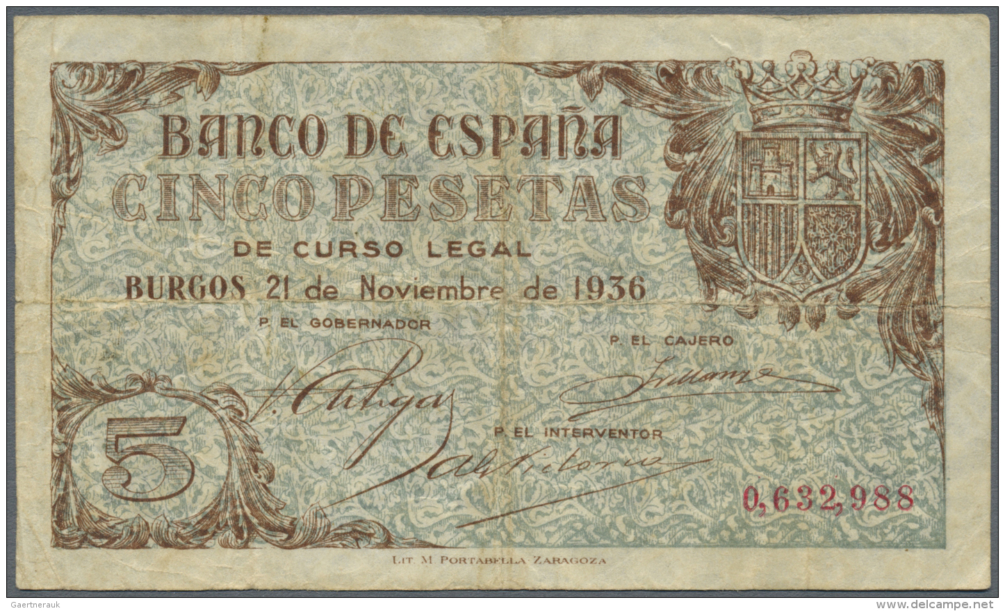 Spain / Spanien: 5 Pesetas 1936 P. 97a, Vertical And Horizontal Folds, No Holes Or Tears, Still Strongness In Paper But - Autres & Non Classés