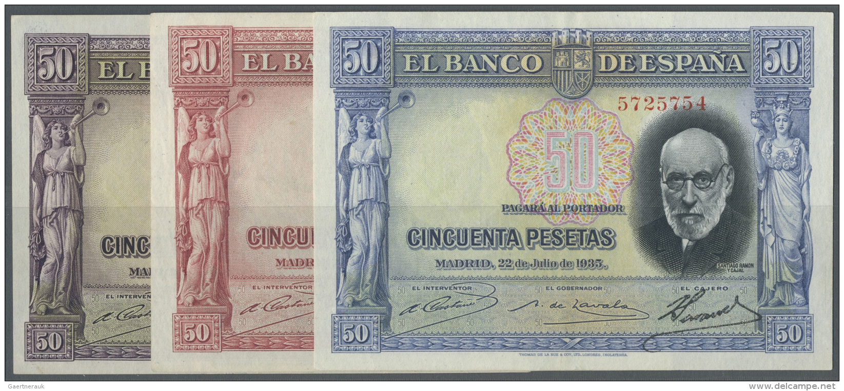 Spain / Spanien: Set Of 3 Notes Containing 50 Pesetas 1935 P. 88 (VF) And 2 Color Varieties Of The Same Type In Blue And - Autres & Non Classés