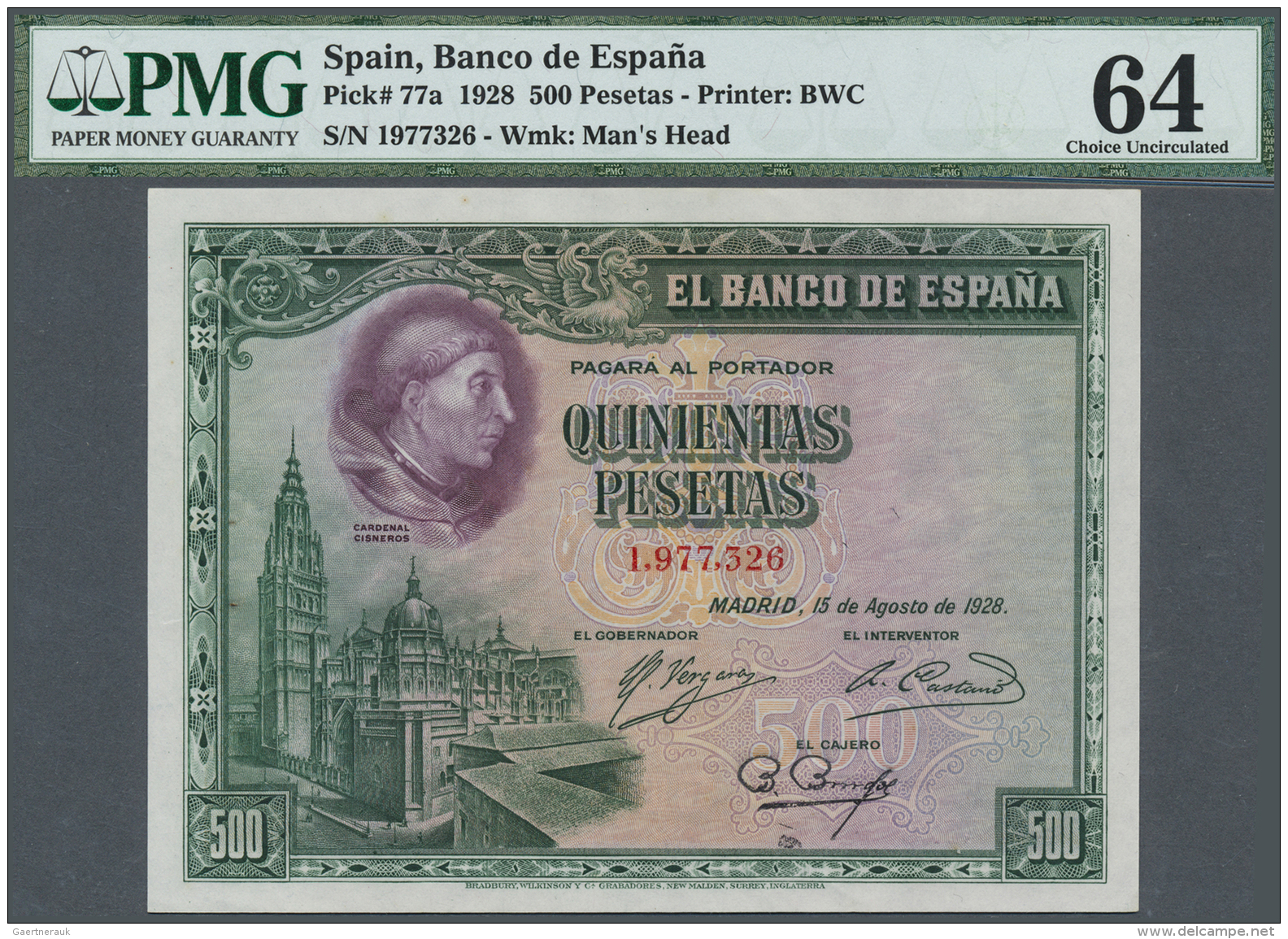 Spain / Spanien: 500 Pesetas 1928 P. 77a, PMG Graded 64 Choice UNC. - Altri & Non Classificati