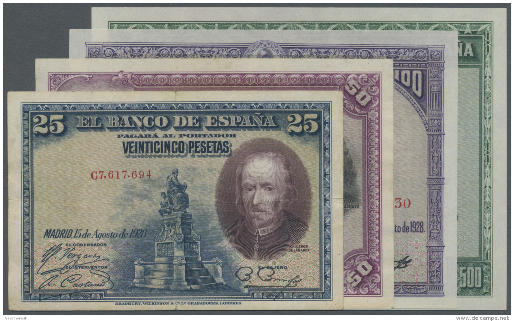 Spain / Spanien: Set Of 4 Notes Containing 25 Pesetas 1928 P. 80 (F+), 50 Pesetas 1928 P. 75b (VF), 100 Pesetas 1928 P. - Autres & Non Classés