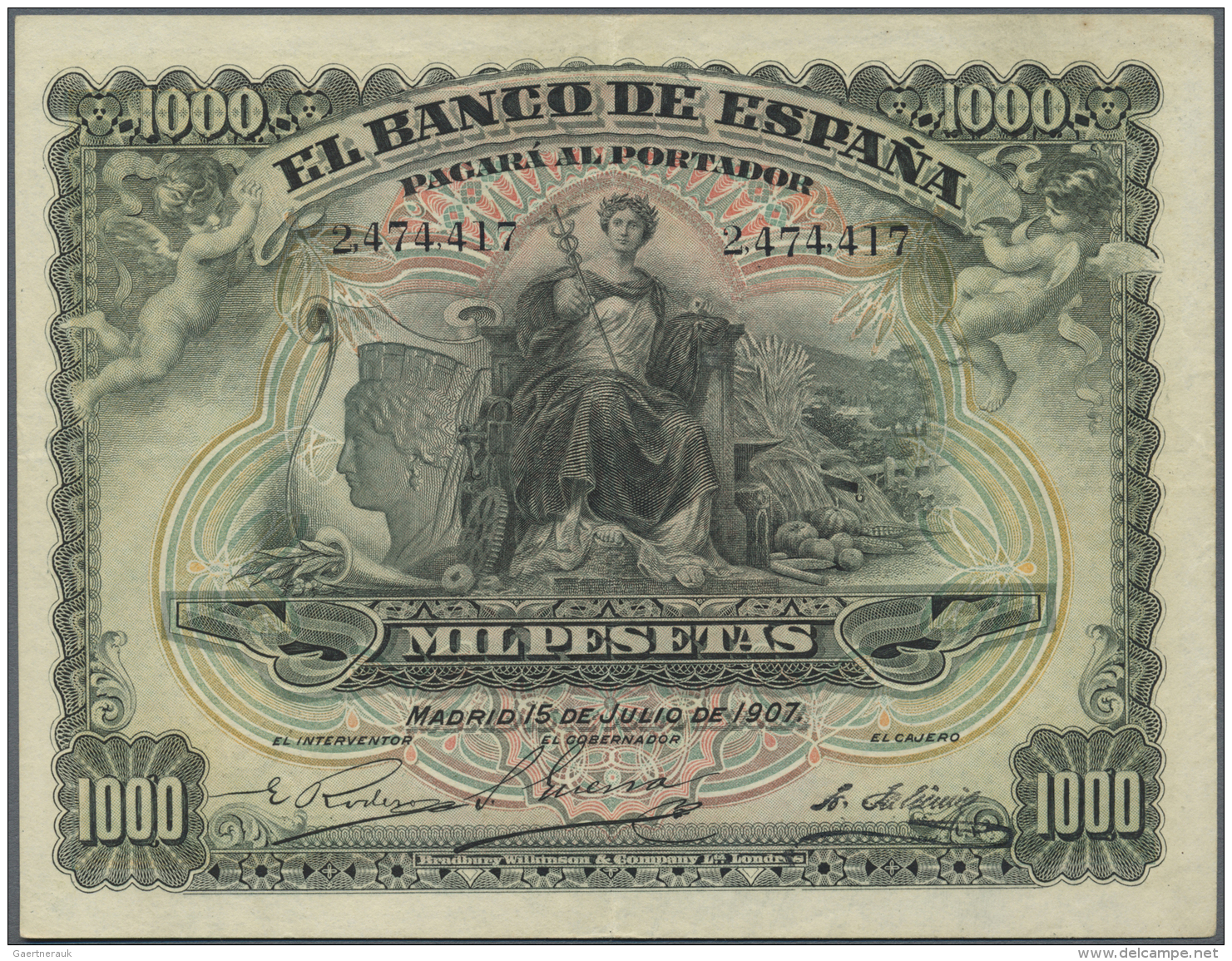 Spain / Spanien: 1000 Pesetas 1907 P. 66a, Center Fold, Light Horizontal Fold, No Holes Or Tears, Not Washed, Not Repair - Altri & Non Classificati