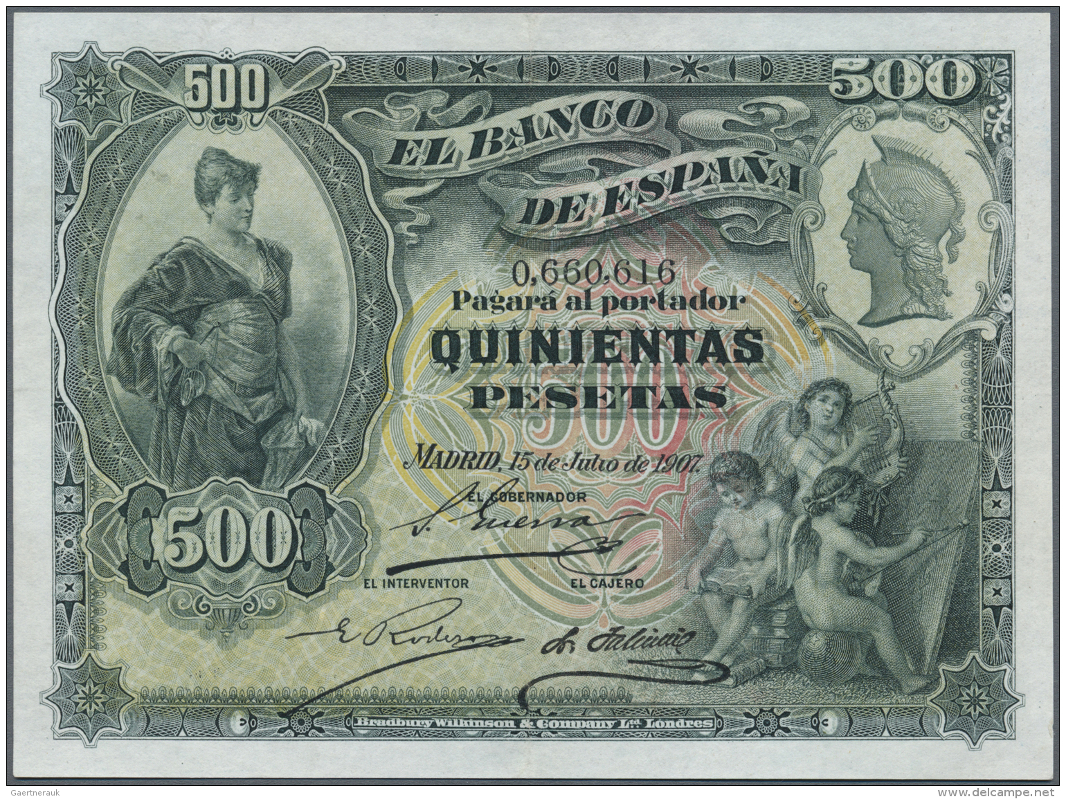 Spain / Spanien: 500 Pesetas 1907 P. 65a, Seldom Seen Note, Center Fold, Pressed, Tiny Restaurations At Lower And Upper - Autres & Non Classés