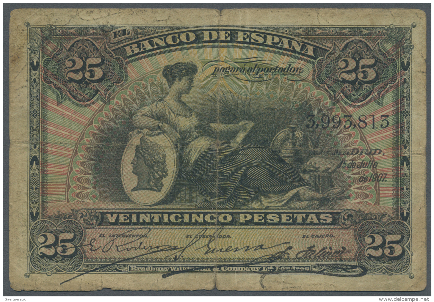 Spain / Spanien: 25 Pesetas 1907 P. 62a, Stronger Used, Strong Folds, Center Hole, Stained Paper, Condition: F-. - Other & Unclassified