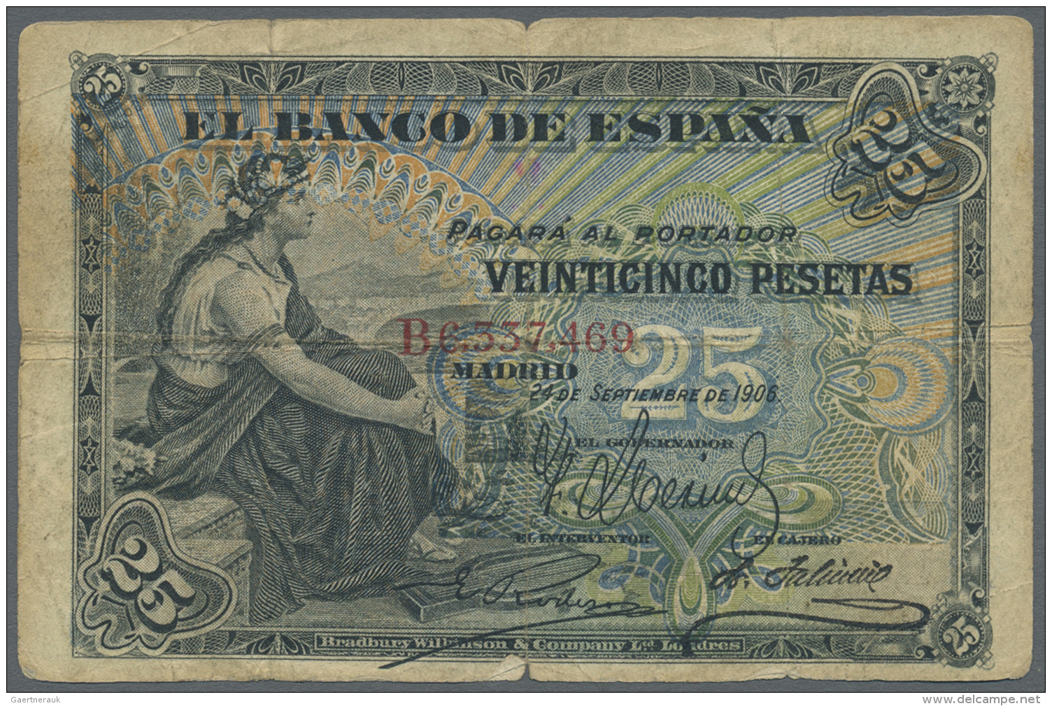 Spain / Spanien: 25 Pesetas 1906 P. 57a In Condition: F-. - Autres & Non Classés