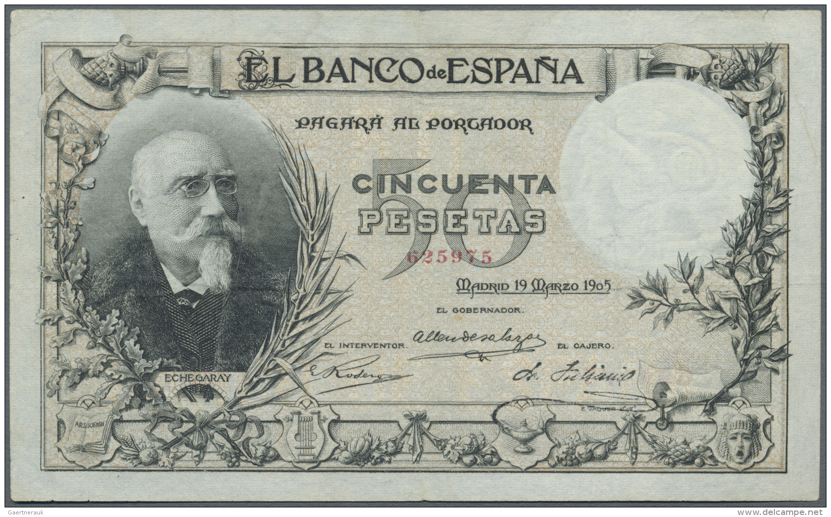 Spain / Spanien: 50 Pesetas 1905 P. 56, Rare Banknote, 3 Light Vertical And One Horizontal Fold, One Tiny 2mm Tear At Up - Autres & Non Classés