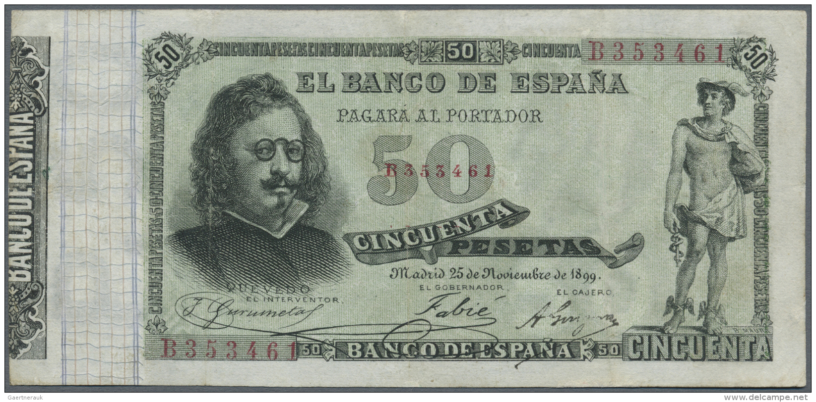 Spain / Spanien: 50 Pesetas 1899 P. 50, 3 Vertical Folds, One Tiny Repair At Upper Border, Probably Pressed But Still Gr - Other & Unclassified