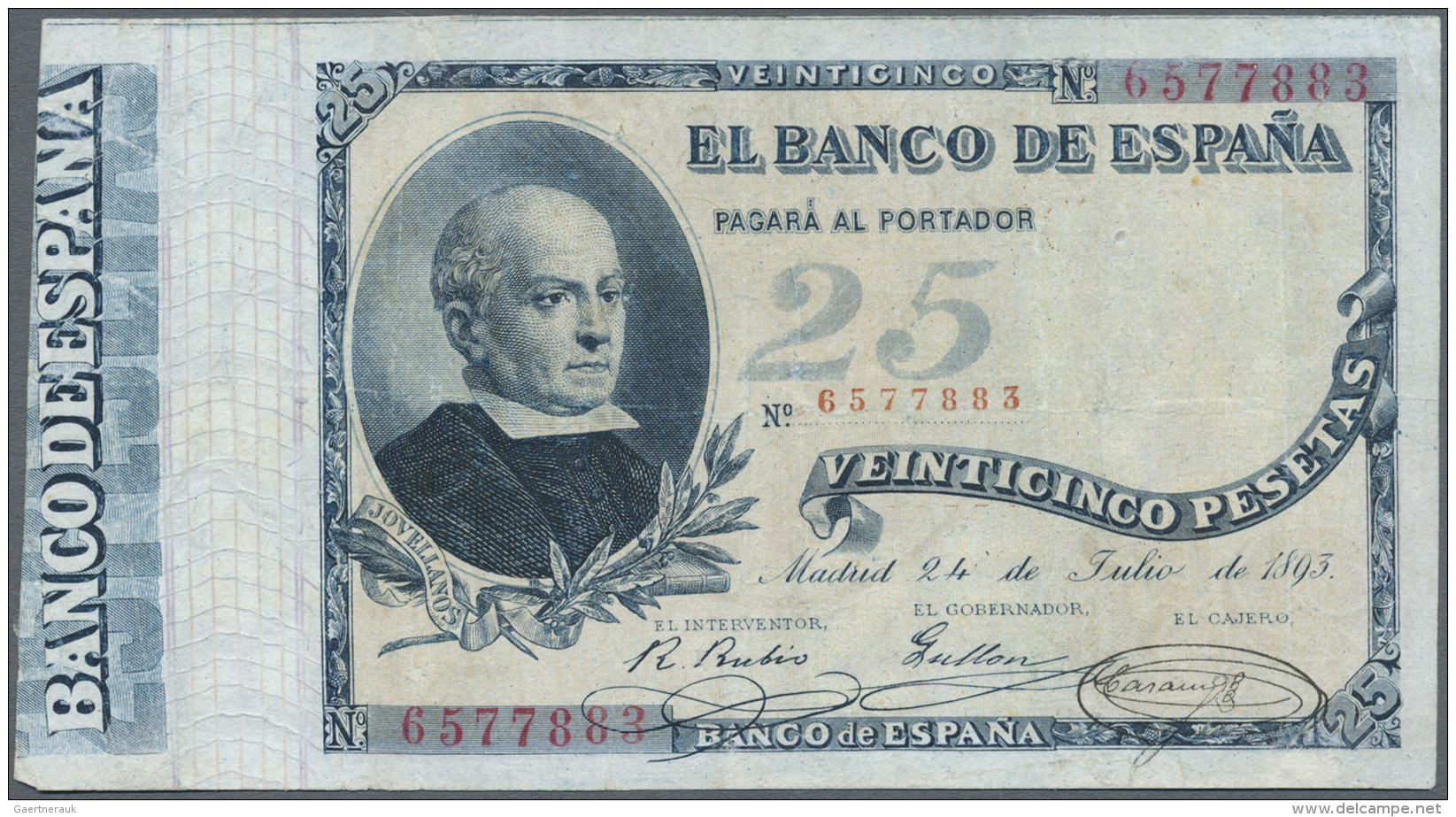 Spain / Spanien: 25 Pesetas 1893 P. 42, Very Rare Banknote, Vertically And Horizontally Folded, A 8mm Tear Repaired At L - Autres & Non Classés