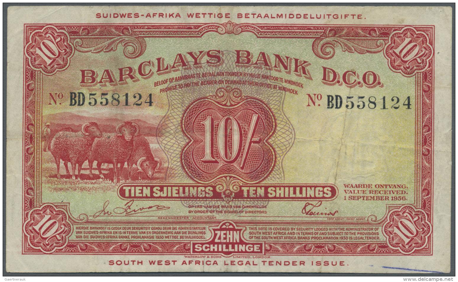 Southwest Africa: Barclays Bank D.C.O. 10 Shillings 1956, P.4, Several Folds And Lightly Stained Paper, Pinholes At Left - Namibie