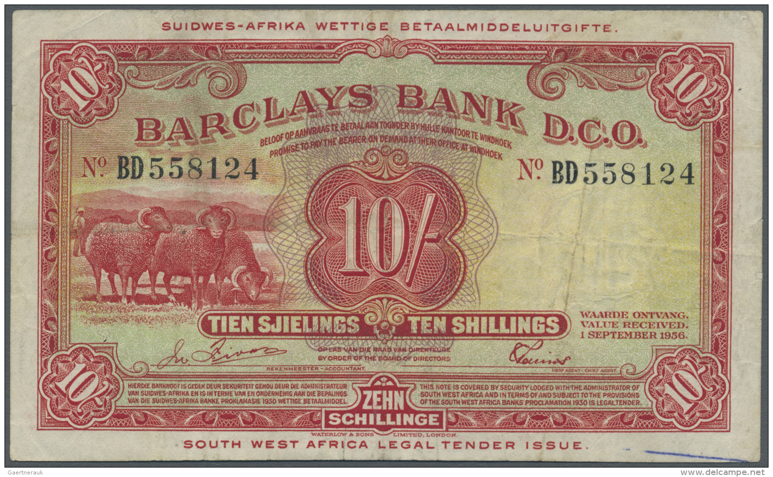 Southwest Africa: Barclays Bank D.C.O. 10 Shillings 1956, P.4, Several Folds And Lightly Stained Paper, Pinholes At Left - Namibia