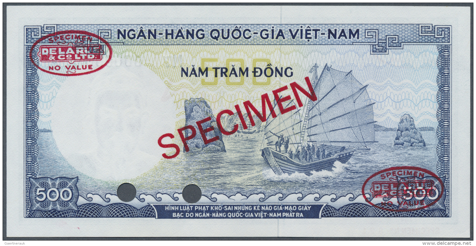 South Vietnam / S&uuml;d Vietnam: 500 Dong ND(1964-66) Specimen P. 23s, 2 Cancellation Holes, Specimen Overprint And Zer - Viêt-Nam