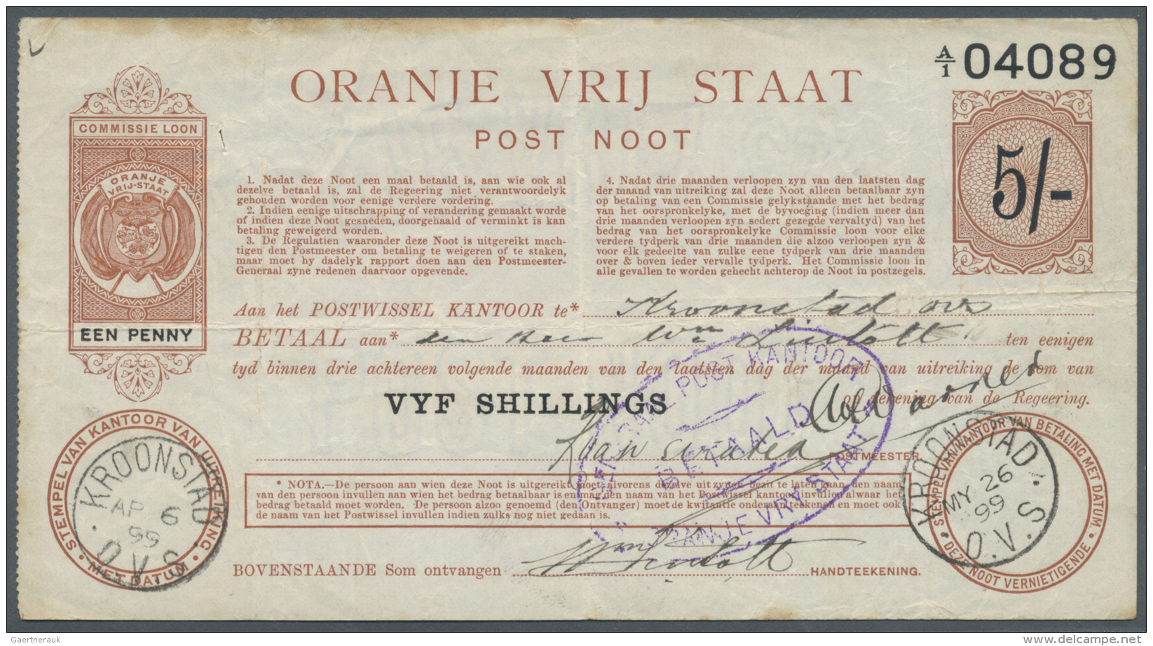 South Africa / S&uuml;dafrika: Oranje Vrij Staat, 5 Shillings 1900 P. S683, Used With Several Folds And Creases, Stainin - Afrique Du Sud