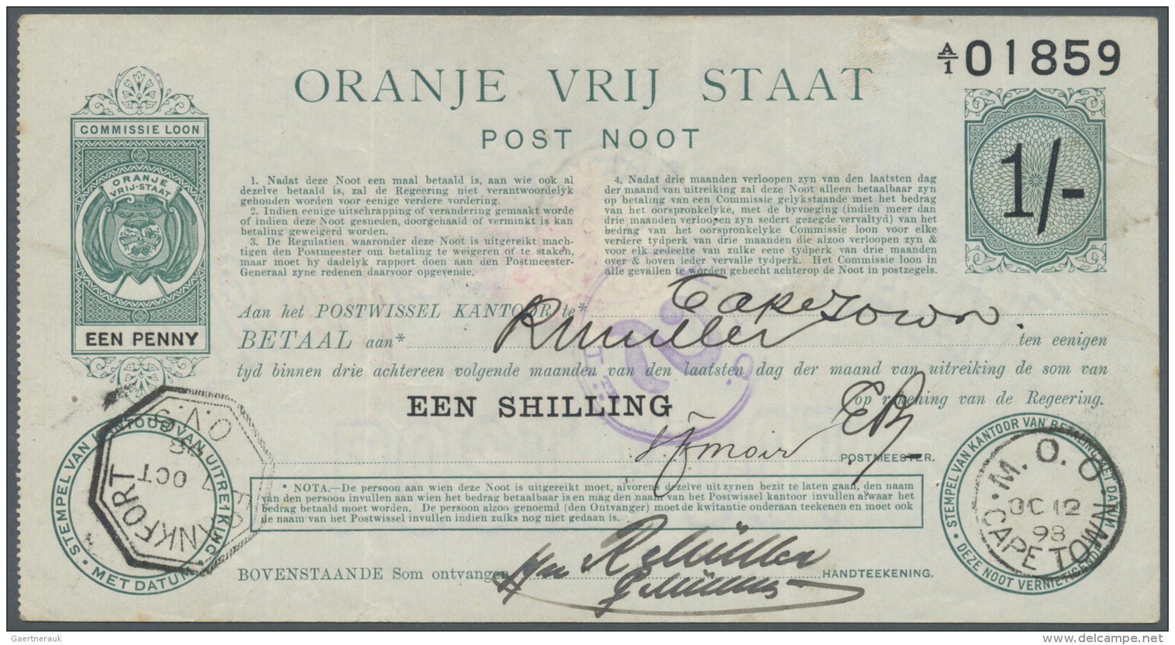 South Africa / S&uuml;dafrika: Oranje Frij Staat, 1 Shilling 1900 P. S681a, Vertically Folded, Pinholes, Stamp On Back, - Afrique Du Sud