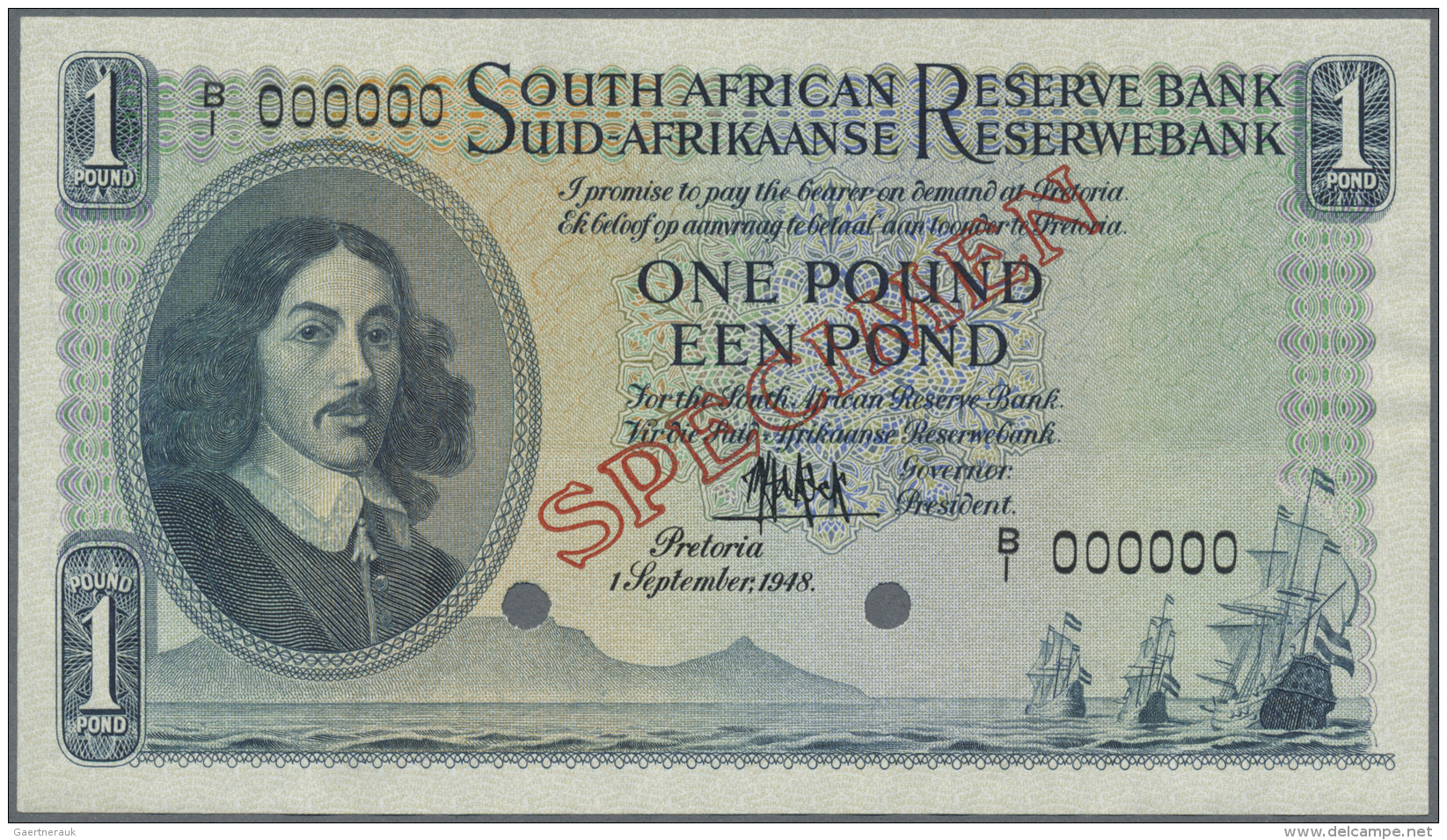 South Africa / S&uuml;dafrika: 1 Pound September 1st 1948 SPECIMEN, P.92as, Slightly Wavy Paper, Otherwise Perfect: AUNC - Sudafrica