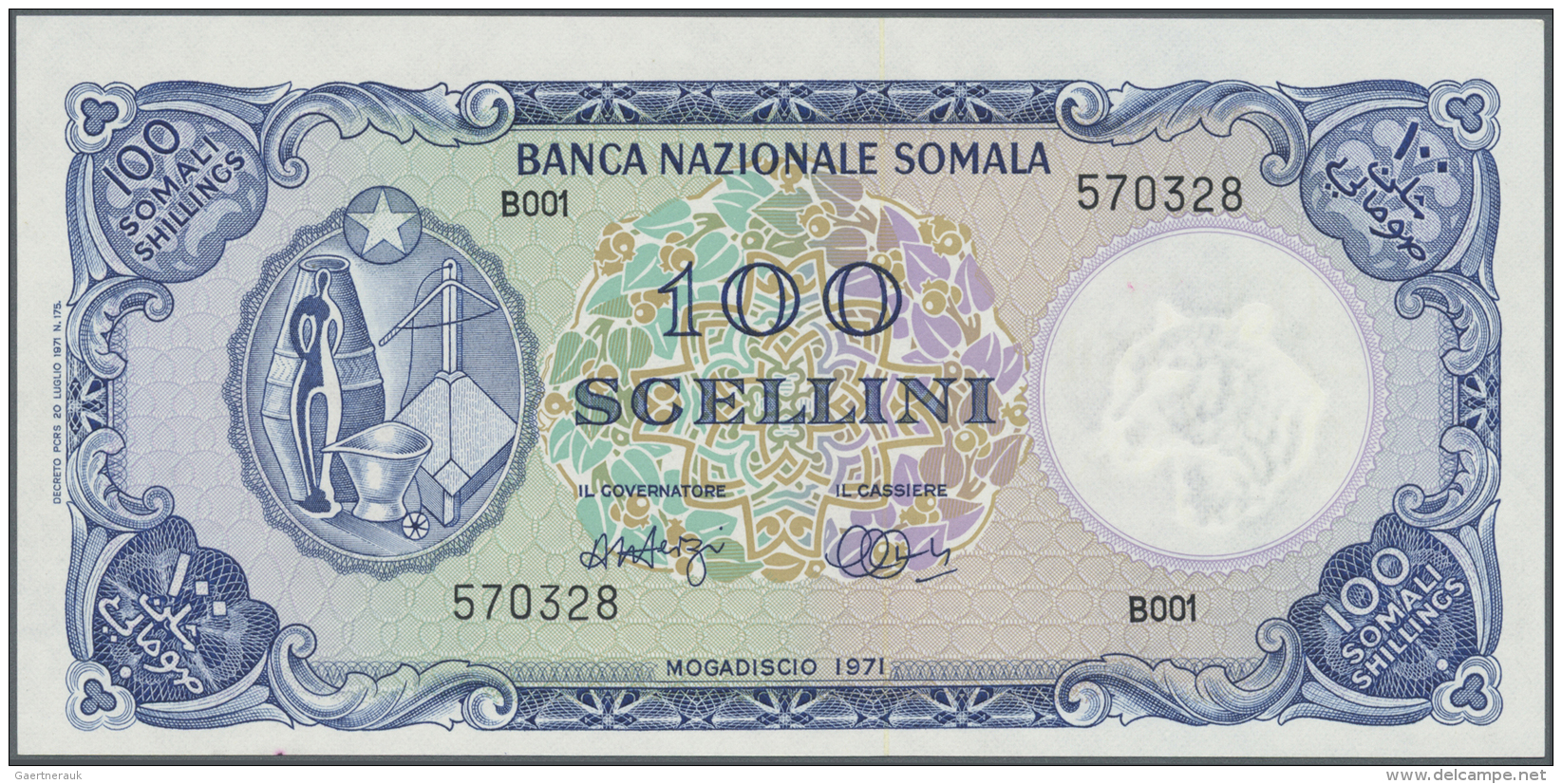 Somalia: 100 Scellini 1971 P. 16a, In Exceptional Condition With Only One Light Dint At Right And A Minor Color Dot At L - Somalia