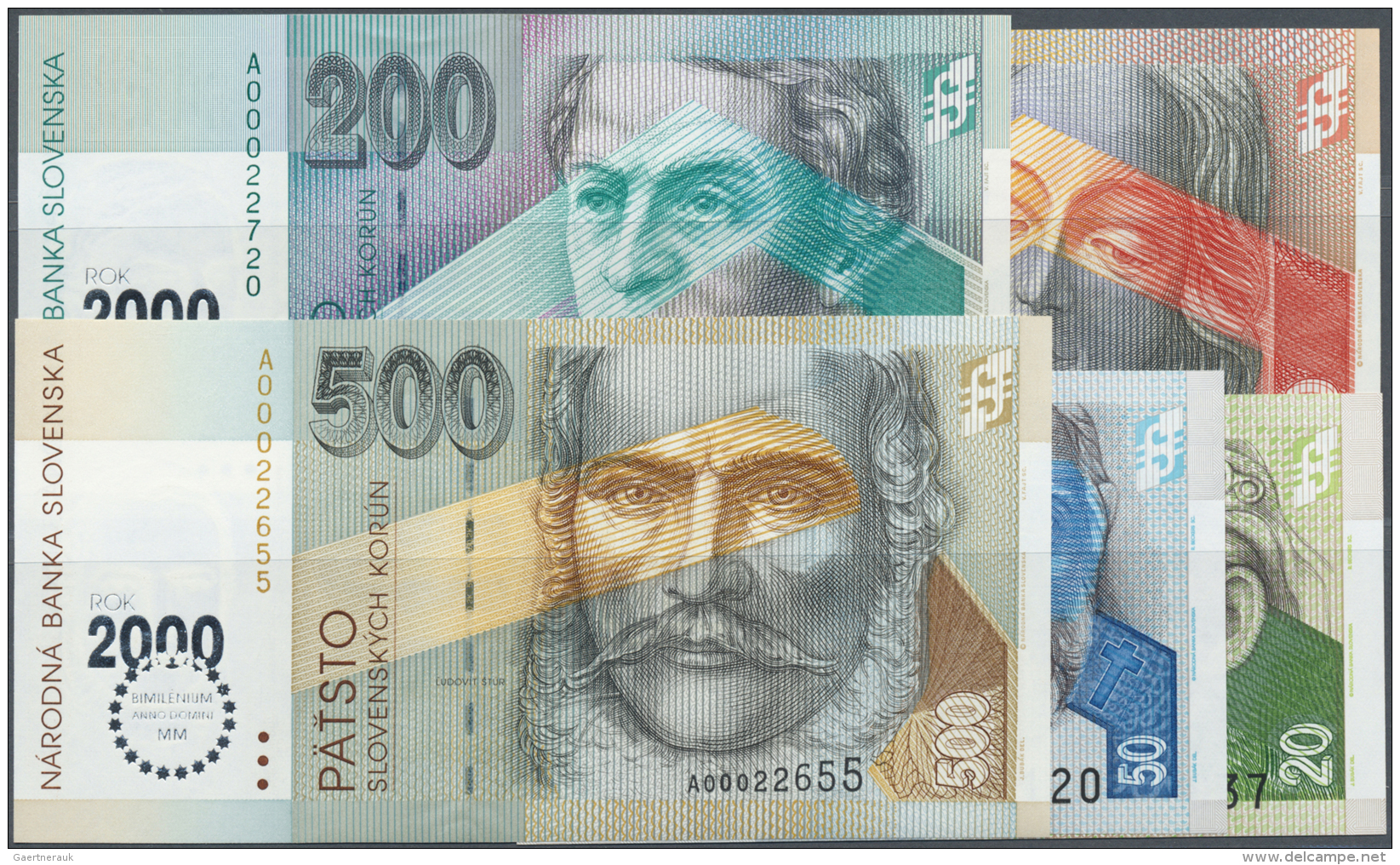 Slovakia / Slovakei: Set Of 5 Notes Containing 20, 50, 100, 200 And 500 Korun 1993 P. 34-39, All In Condition: UNC. (5 P - Slovaquie