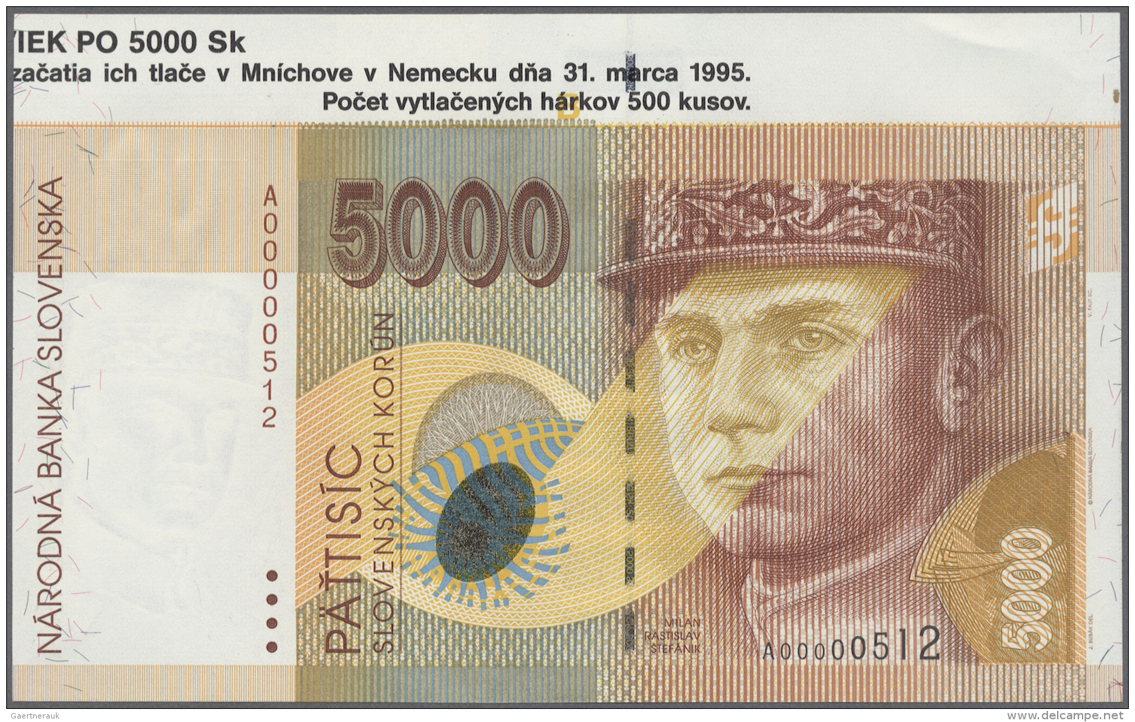 Slovakia / Slovakei: 5000 Korun 1995 P. 29r, Rare With Sheet Border Piece, In Condition: UNC. - Slovaquie