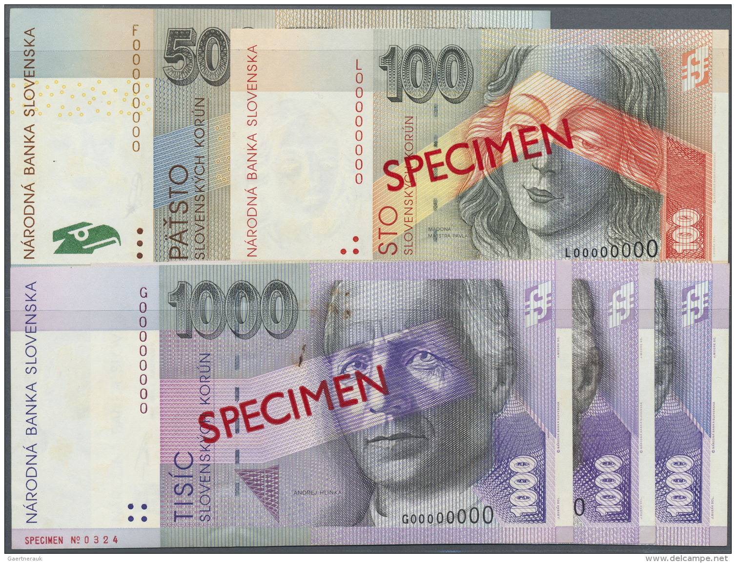 Slovakia / Slovakei: Set With 5 Specimen Notes Comprising 100 Korun 1999 Specimen P.25cs (UNC), 500 Kroun 2000 Specimen - Slovaquie