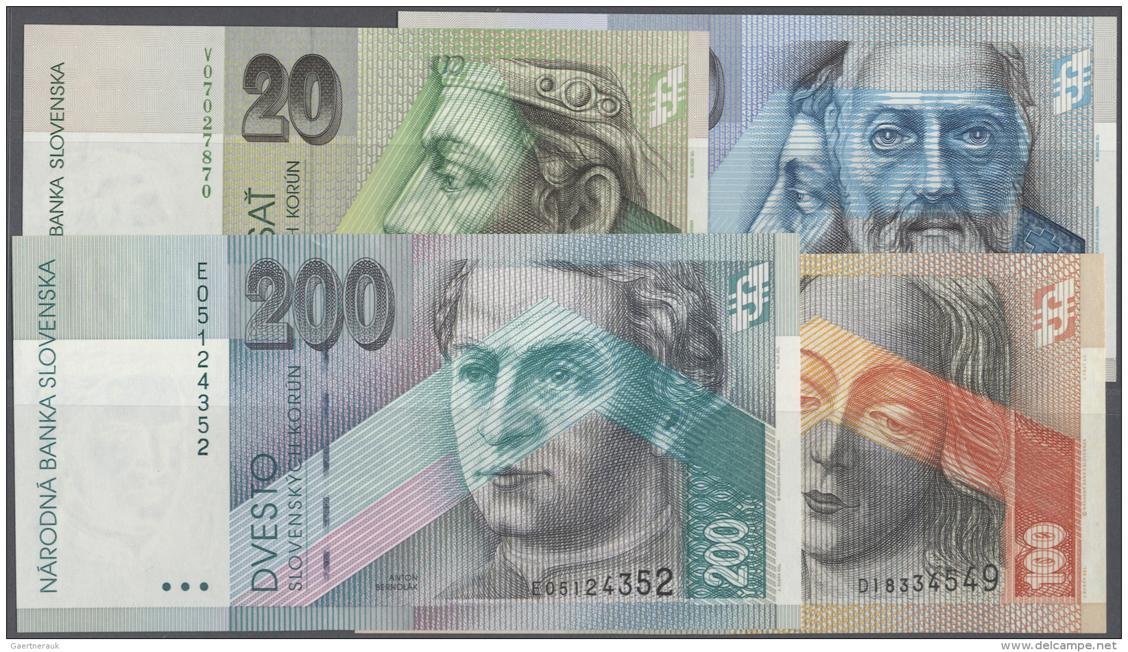 Slovakia / Slovakei: Set Of 4 Notes Containing 20 Korun 2006 P. 20g, 50 Korun 2002 P. 21d, 100 Korun 1993 P. 22a And 200 - Slovaquie