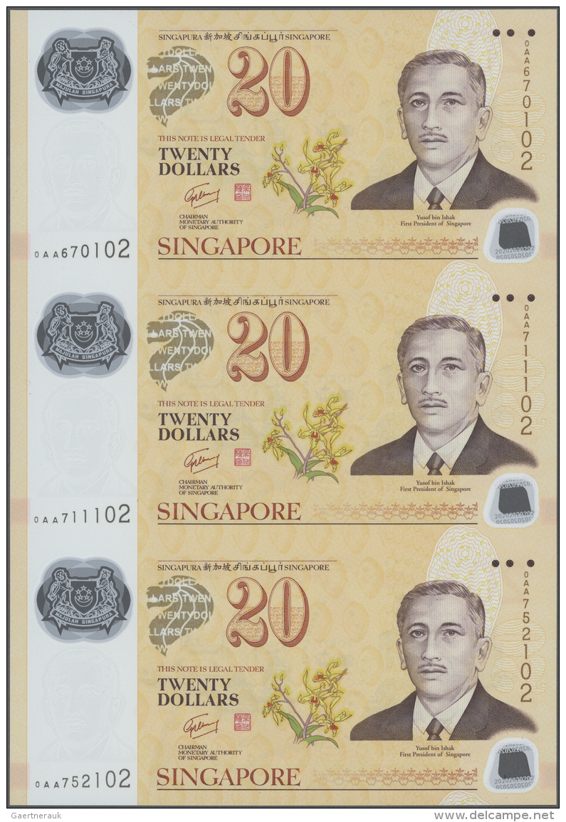 Singapore / Singapur: Set Of 3 Uncut Notes 20 Dollars 2007 P. 53 In Condition: UNC. - Singapour