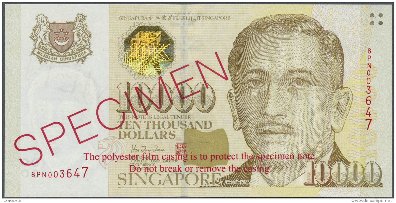 Singapore / Singapur: 10.000 Dollars ND(1999) SPECIMEN, P.44s With The Original Plastic Cover From The Bank With Text "T - Singapore