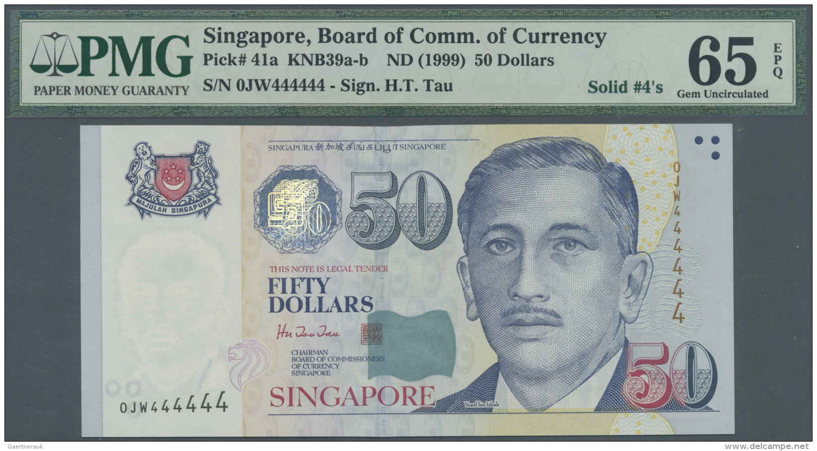 Singapore / Singapur: 50 Dollars ND(1999) P. 41a With Special Serial Number 0JW444444, PMG Graded 65 Gem UNC EPQ. - Singapour