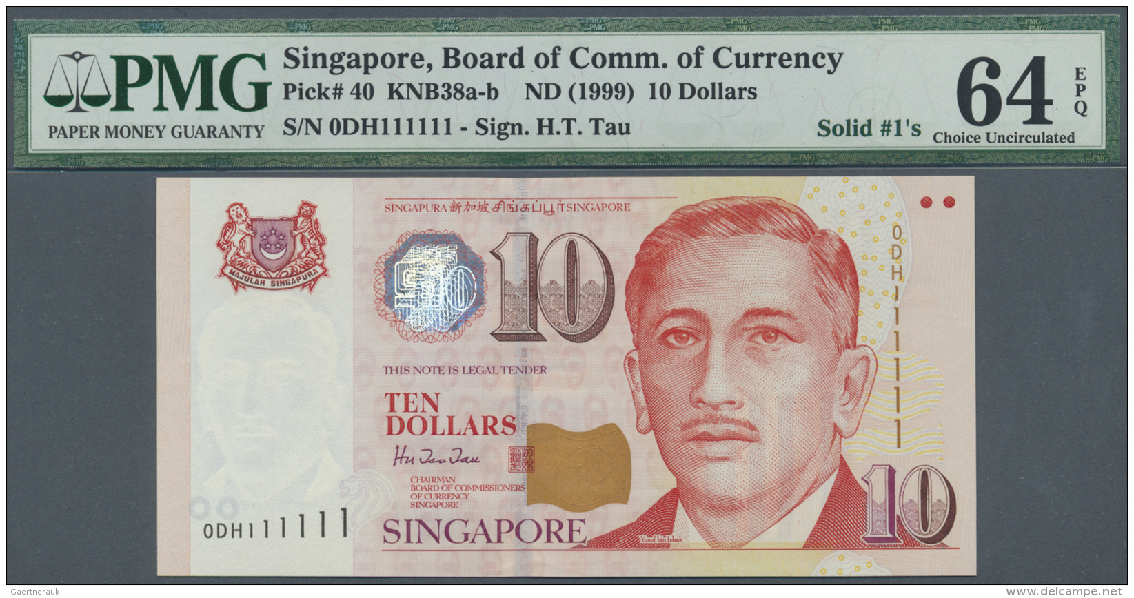 Singapore / Singapur: Large And Rare Set Of 10 Pcs 10 Dollars ND(1999) P. 40, All With Special Numbers And All PMG Grade - Singapour
