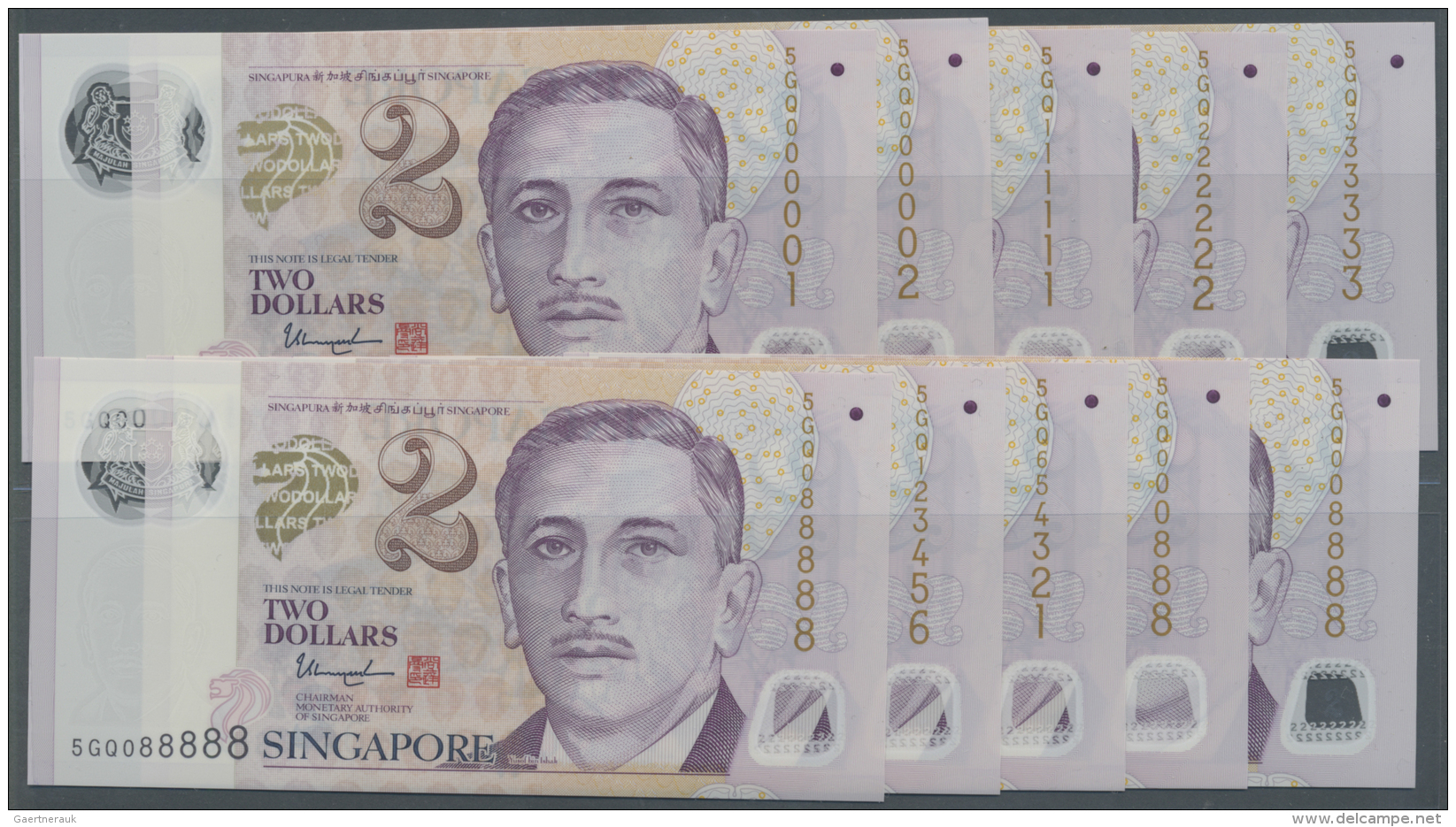 Singapore / Singapur: Set Of 25 Pcs 2 Dollars ND(1999) P. 38, All With Special Numbers, Very Rare, Containing #5GQ000001 - Singapour