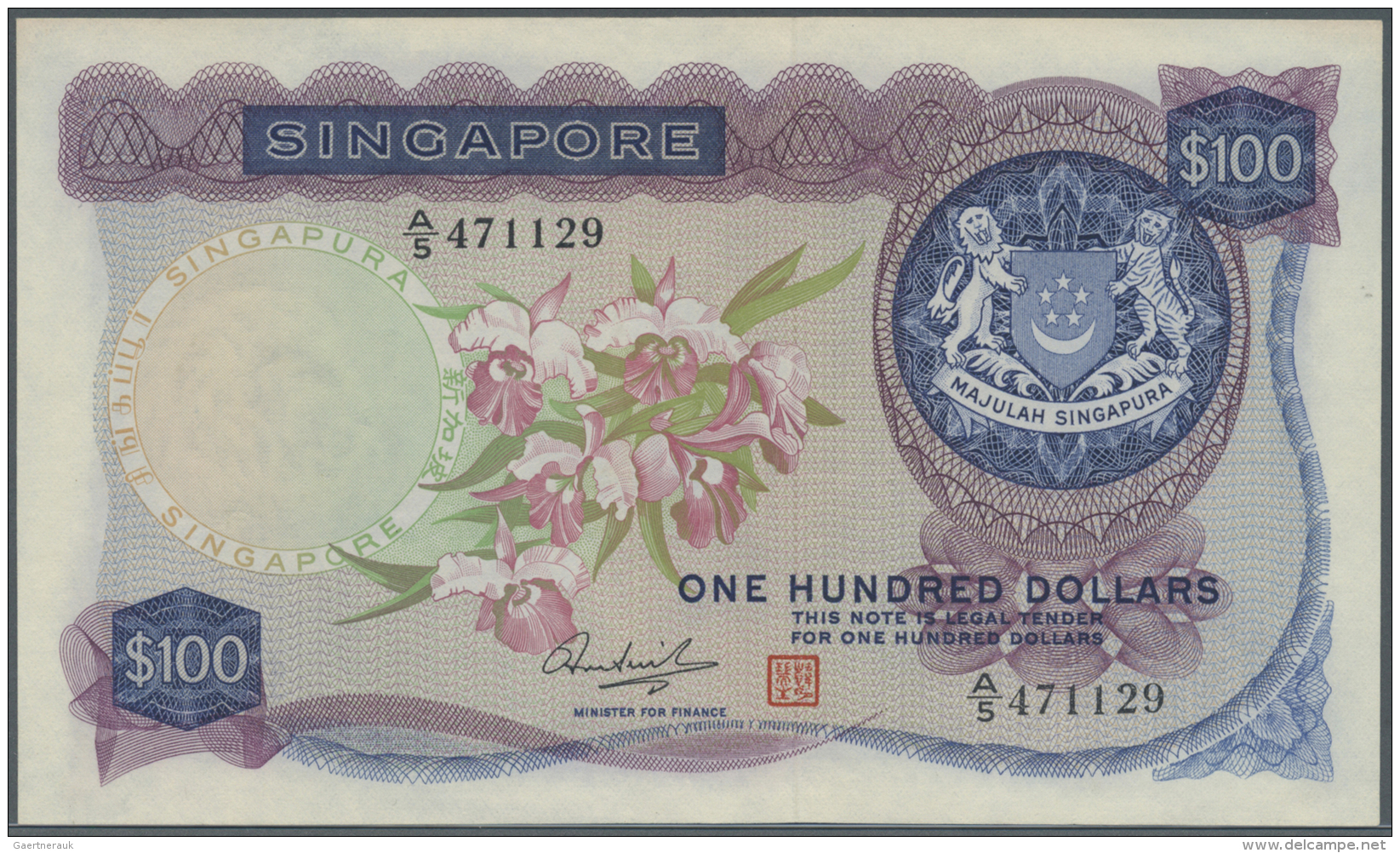 Singapore / Singapur: 100 Dollars ND(1967-73) P. 6d, Light Vertical Bend, Hard To See, Condition: AUNC. - Singapour