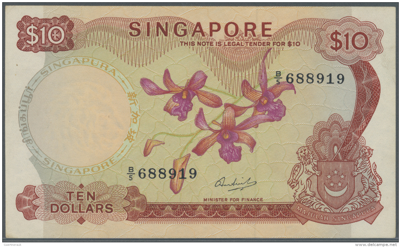Singapore / Singapur: 10 Dollars ND(1967-73) P. 3, Light Center Bend, Light Stain At Upper Right, Corner Tips At Upper A - Singapore