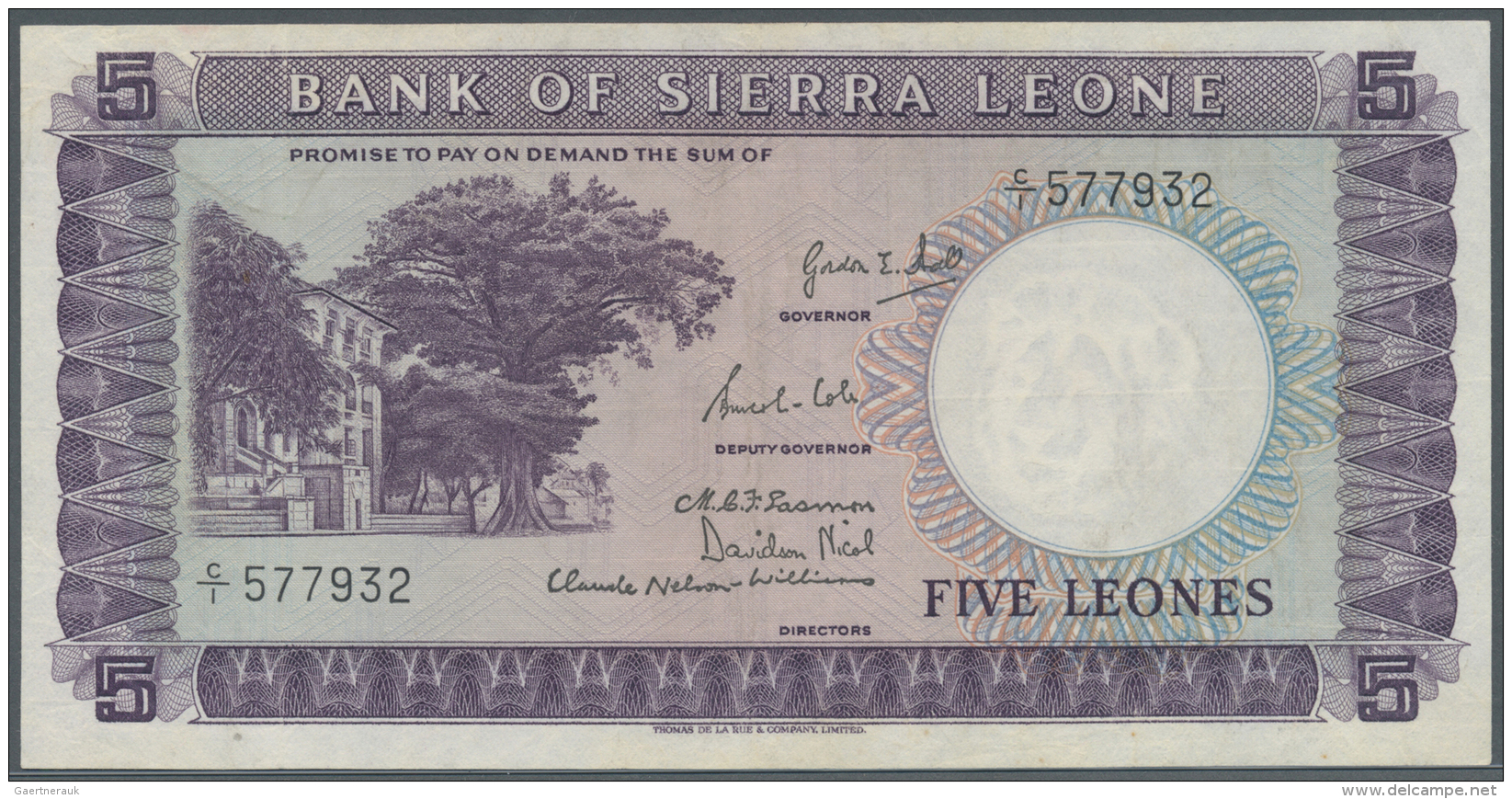 Sierra Leone: 5 Leones 1964 P. 3, Light Folds In Paper, Pressed, No Holes Or Tears, Condition: F+ To VF-. - Sierra Leone
