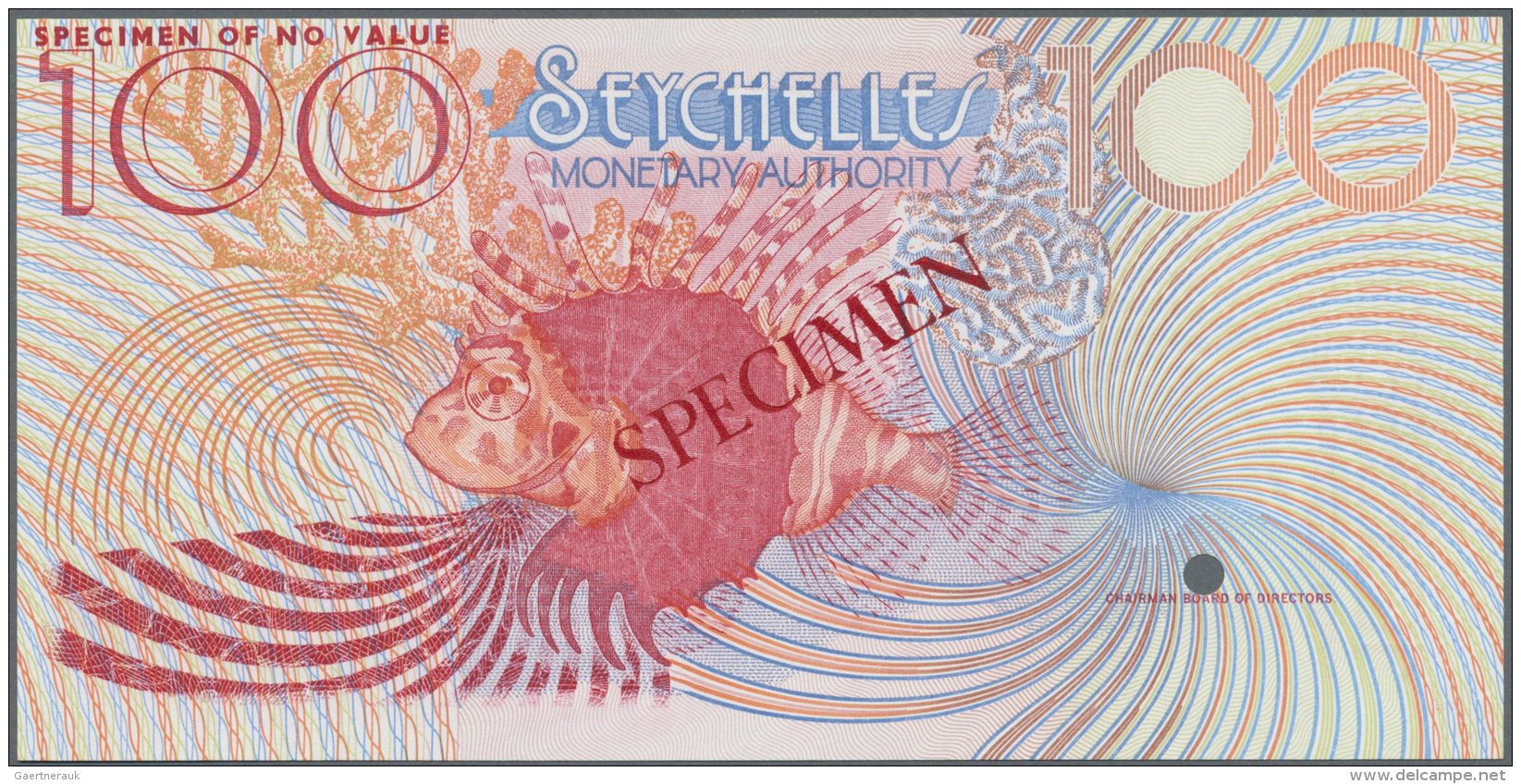 Seychelles / Seychellen: 100 Rupees ND Specimen P. 26s With Red "Specimen" Overprint On Front And Back, One Cancellation - Seychelles