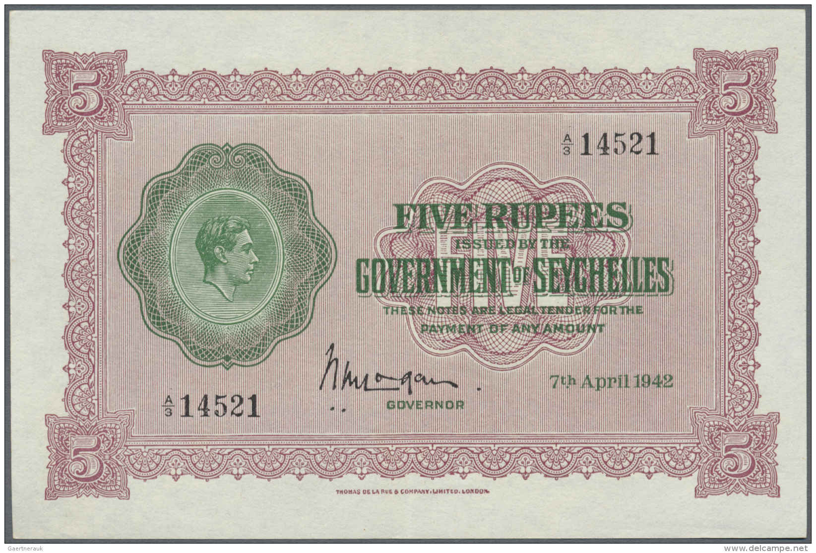 Seychelles / Seychellen: 5 Rupees 1942 P. 8, Only One Very Light Center Fold And A Tiny Dint At Lower Right Corner, No H - Seychelles