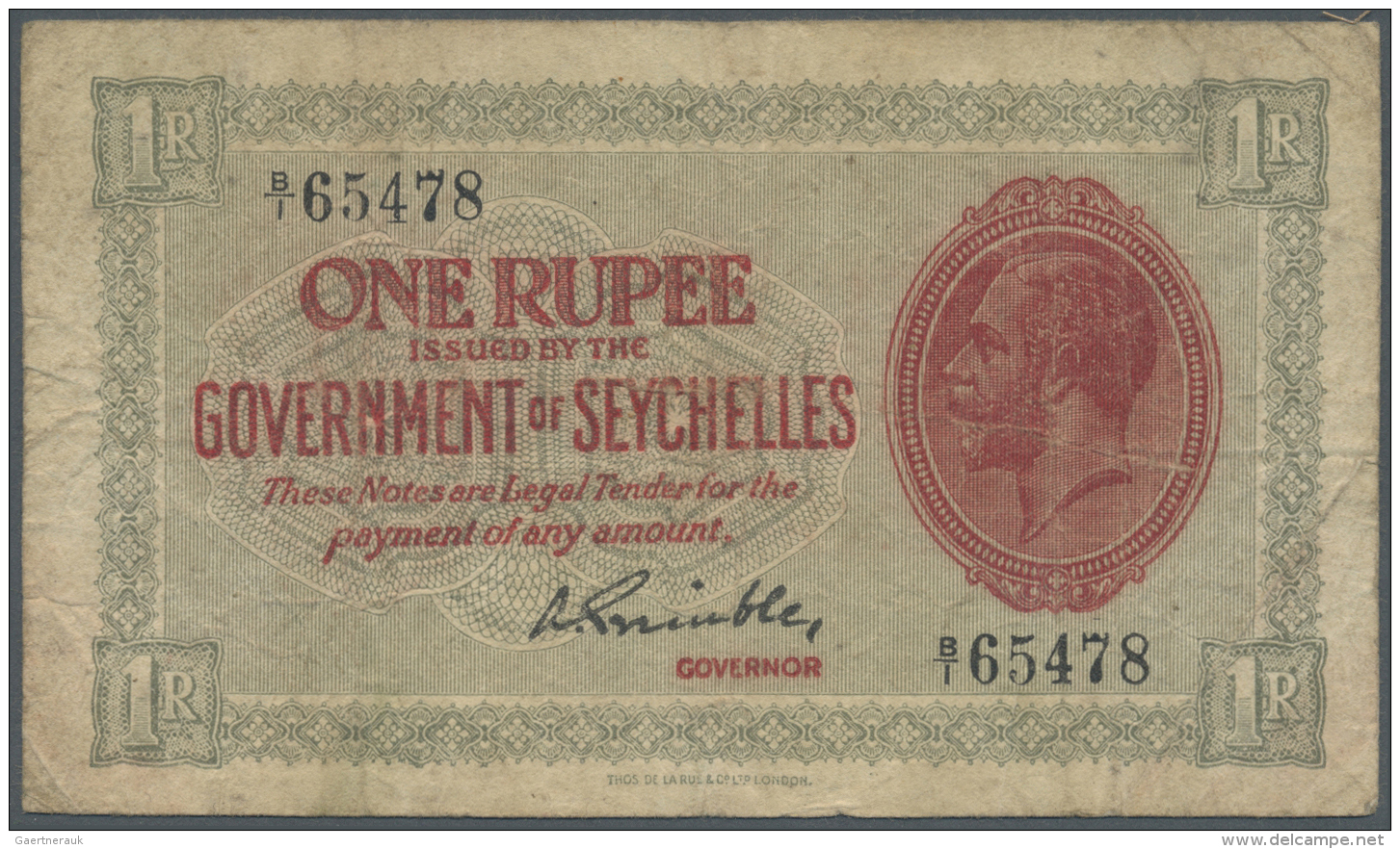 Seychelles / Seychellen: 1 Rupee ND(1936) P. 2f, Used With Several Folds And Creases, A Center Hole, Softness In Paper B - Seychelles