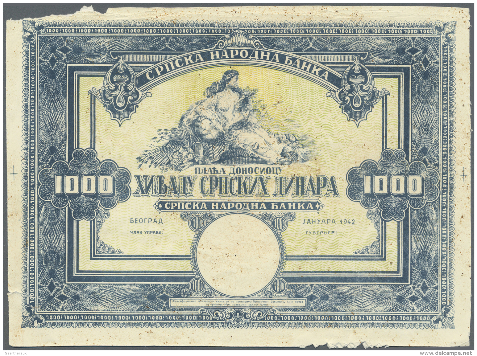 Serbia /Serbien: Printers Essay Of An Not Issued 1000 Dinara Note 1942, P.NL On Thick Paper, Without Watermark. Extremel - Serbia