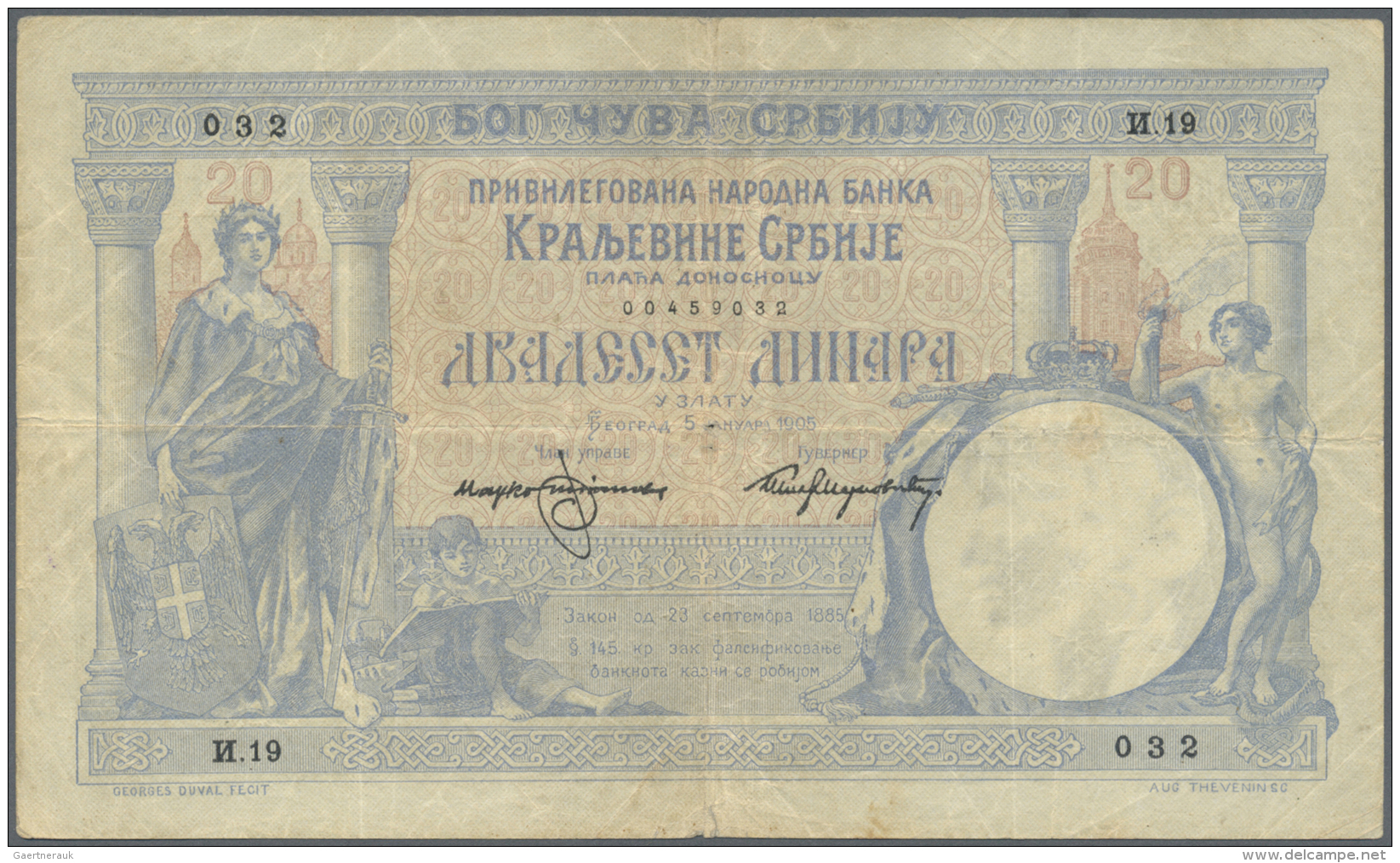 Serbia /Serbien: 20 Dinara 1905, P.11, Used Condition With Folds And Stains, Small Tear At Upper Margin And Tiny Hole At - Serbie