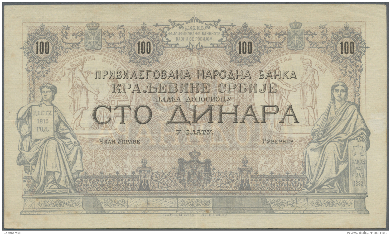Serbia /Serbien: 100 Dinara 1880's Without Date And Signature, P.8c, Very Nice Looking Note With Some Folds, Tiny Browni - Serbie