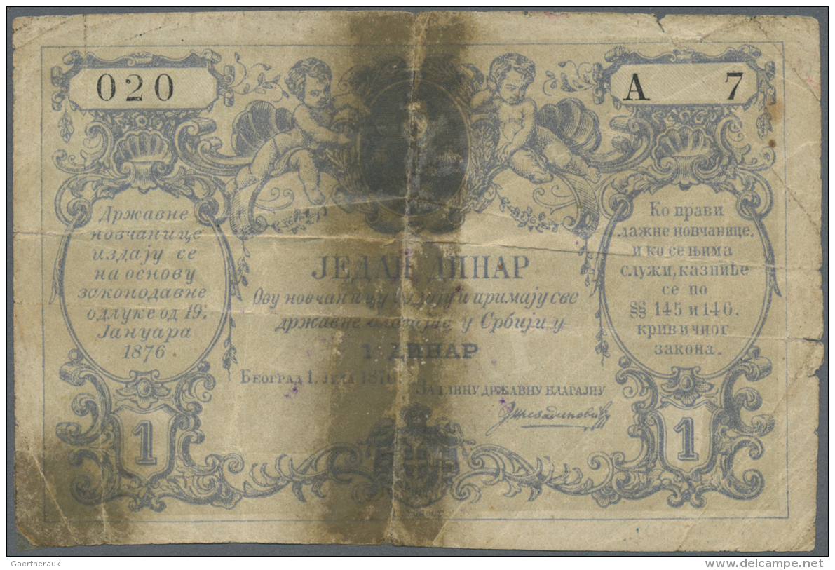 Serbia /Serbien: 1 Dinar 1876, P.1 In Well Worn Condition, Torn In Two Halfes And Taped, Traces Of Tape At Lower Left Co - Serbie