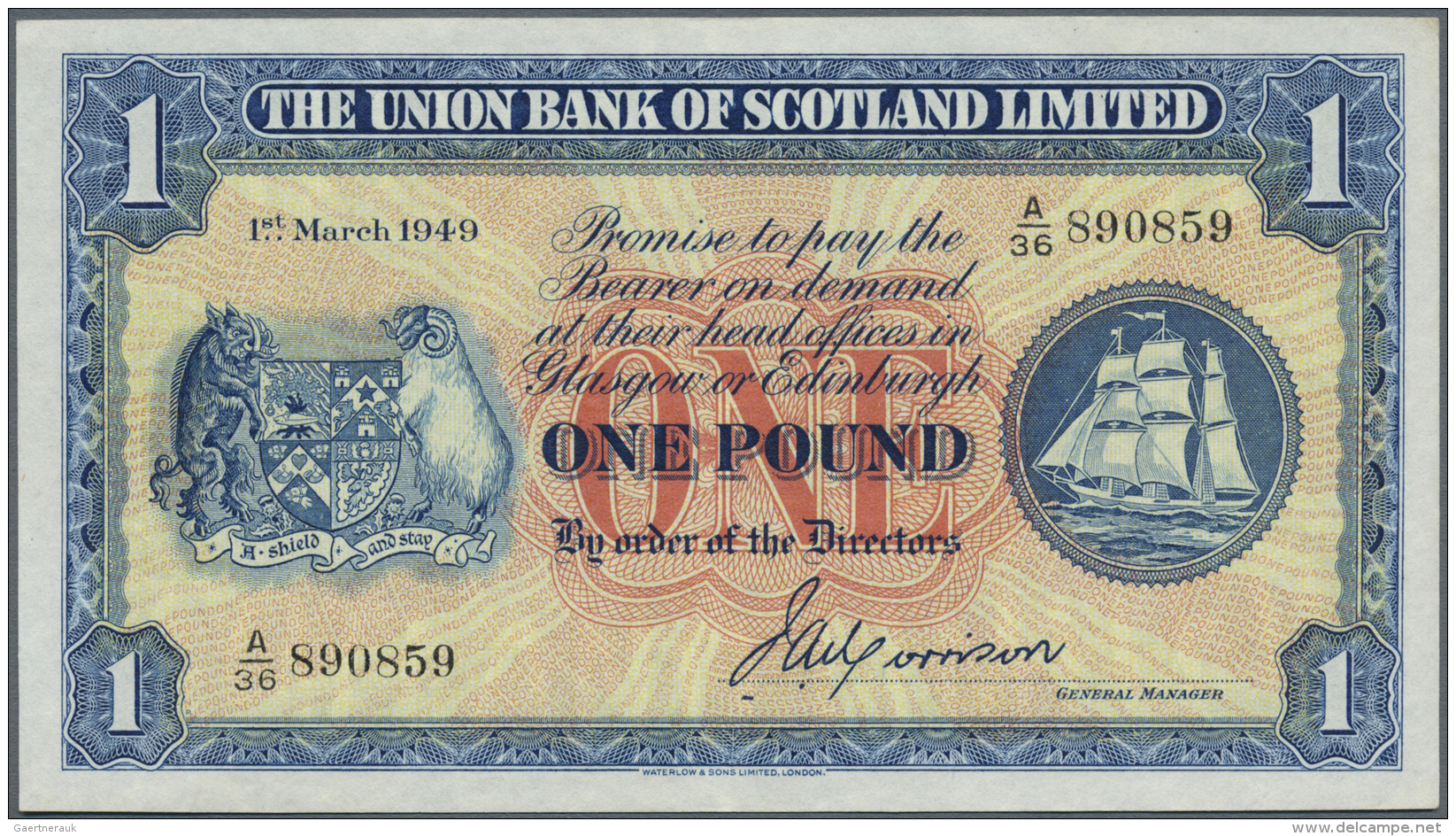 Scotland / Schottland: The Union Bank Of Scotland Limited 1 Pound 1949 P. S816a With Only A Very Light And Hard To See C - Autres & Non Classés