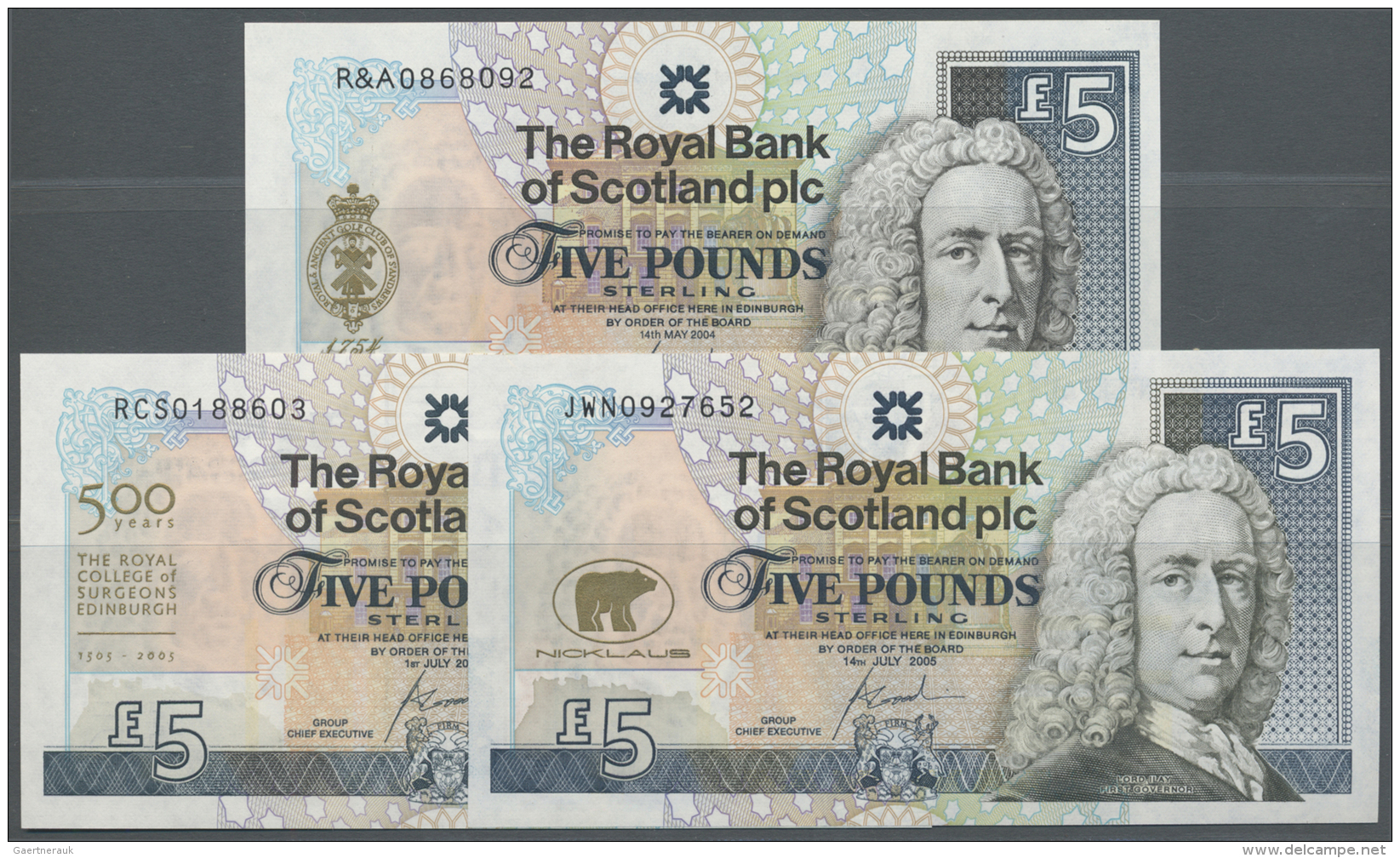 Scotland / Schottland: Set Of 3 Notes The Royal Bank Of Scotland Plc Containing 3 Different Types Of 5 Pounds Dated 2004 - Autres & Non Classés