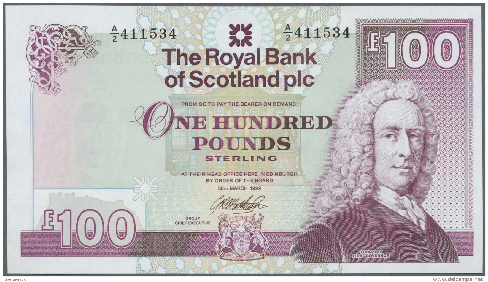 Scotland / Schottland: The Royal Bank Of Scotland PLC 100 Pounds 1999 P. 350, With Only One Corner Fold At Upper Left An - Autres & Non Classés