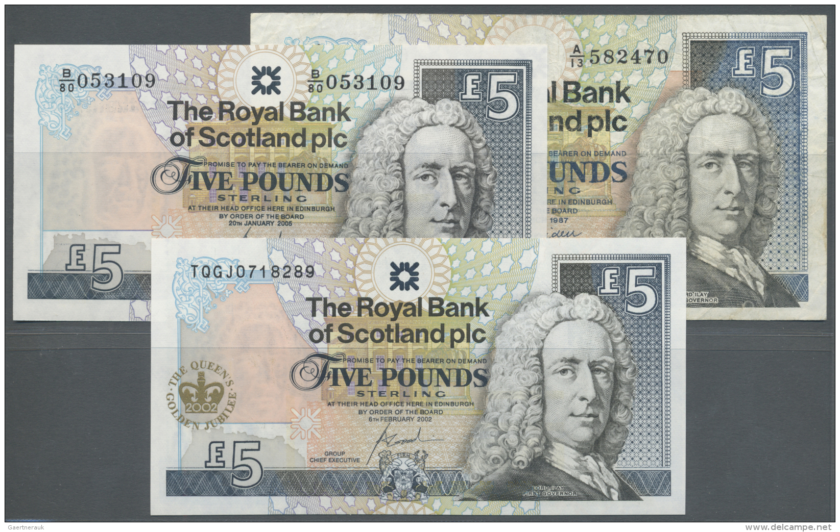 Scotland / Schottland: Set Of 3 Notes Of 5 Pounds The Royal Bank Of Scotland Plc Containing Dates 1987 (F), 2005 (UNC) A - Autres & Non Classés